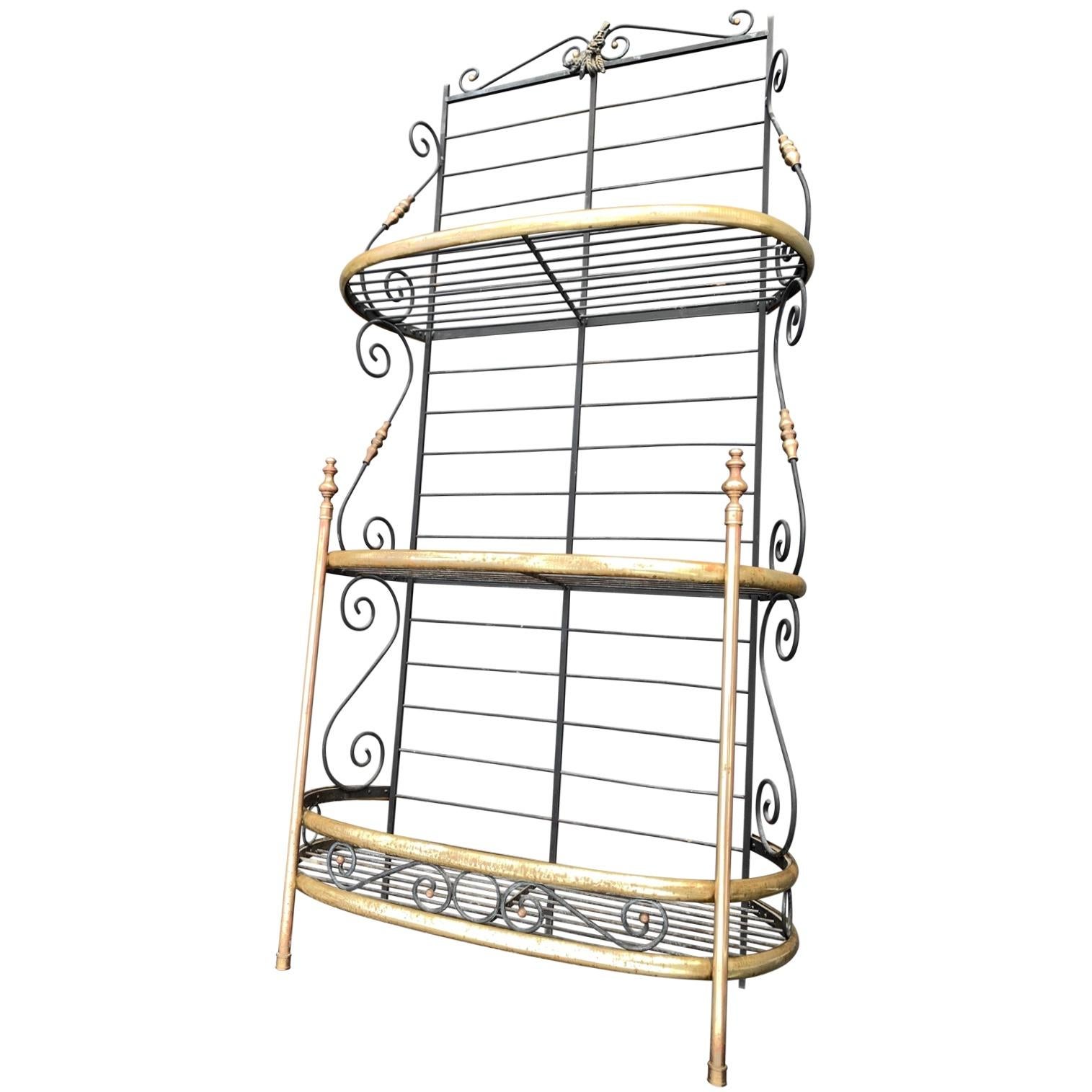 American Vintage Demilune Bakers Rack with Brass Decorations