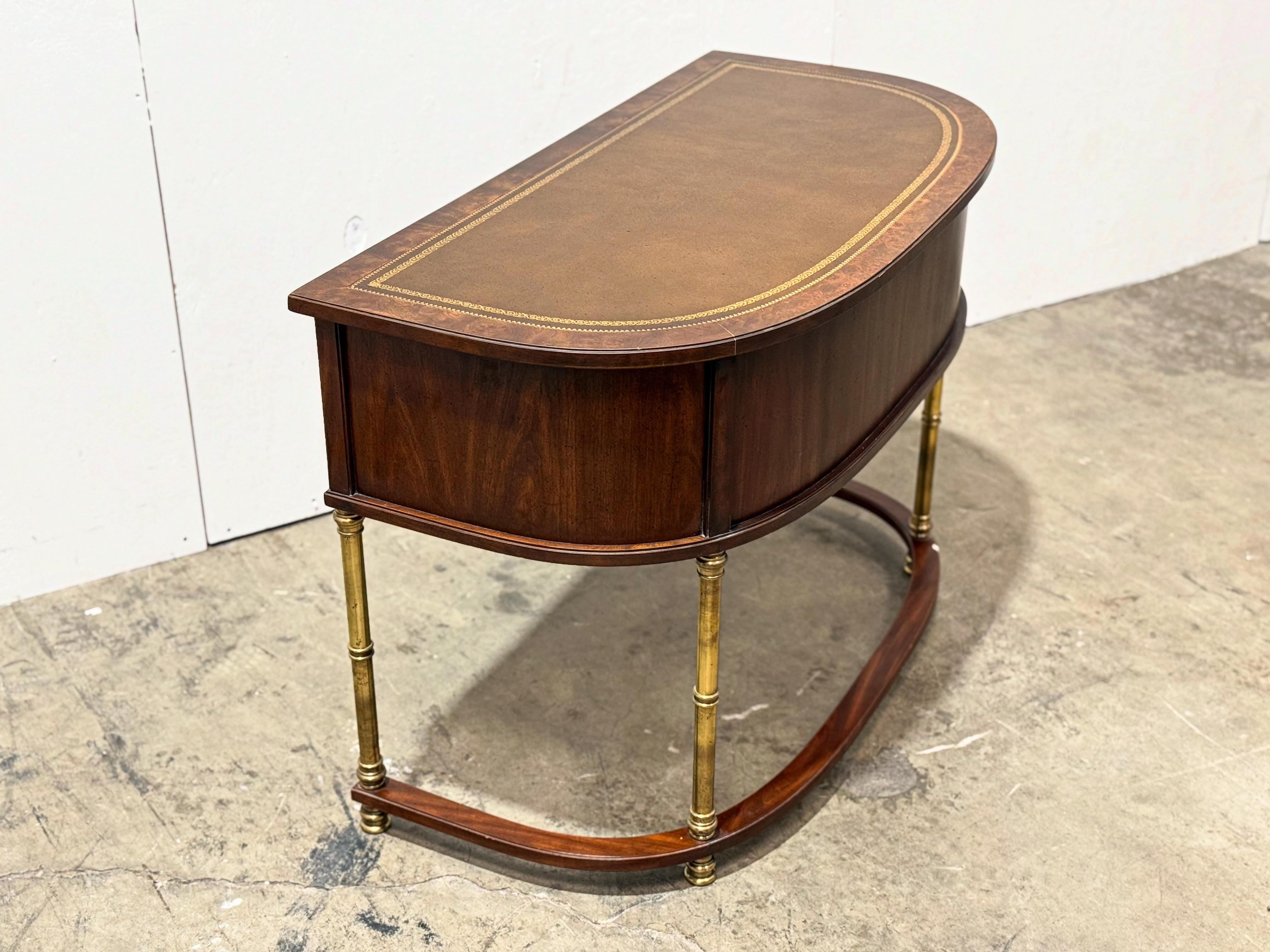 American Vintage Demilune Campaign Style Desk By Sligh - Burl + Brass Entry Table