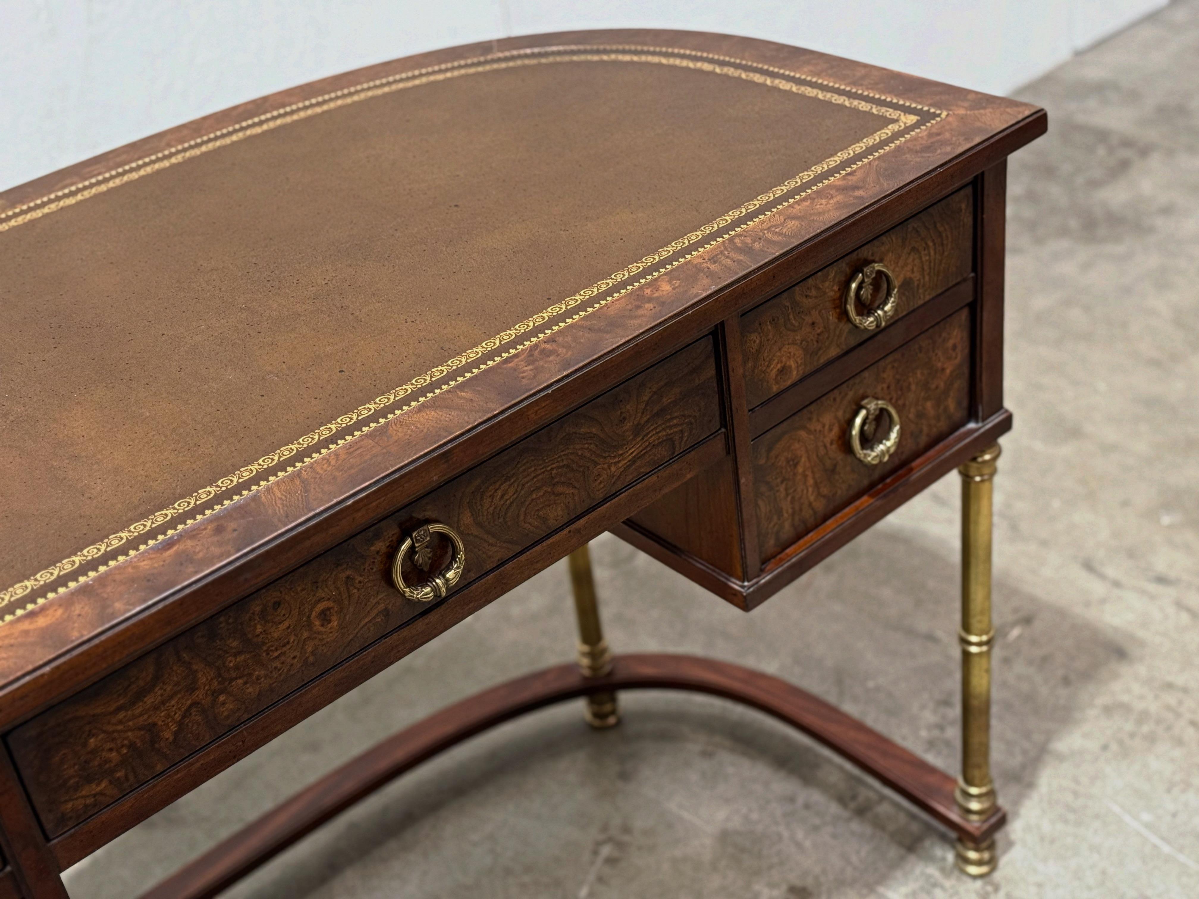 Vintage Demilune Campaign Style Desk By Sligh - Burl + Brass Entry Table In Good Condition In Decatur, GA