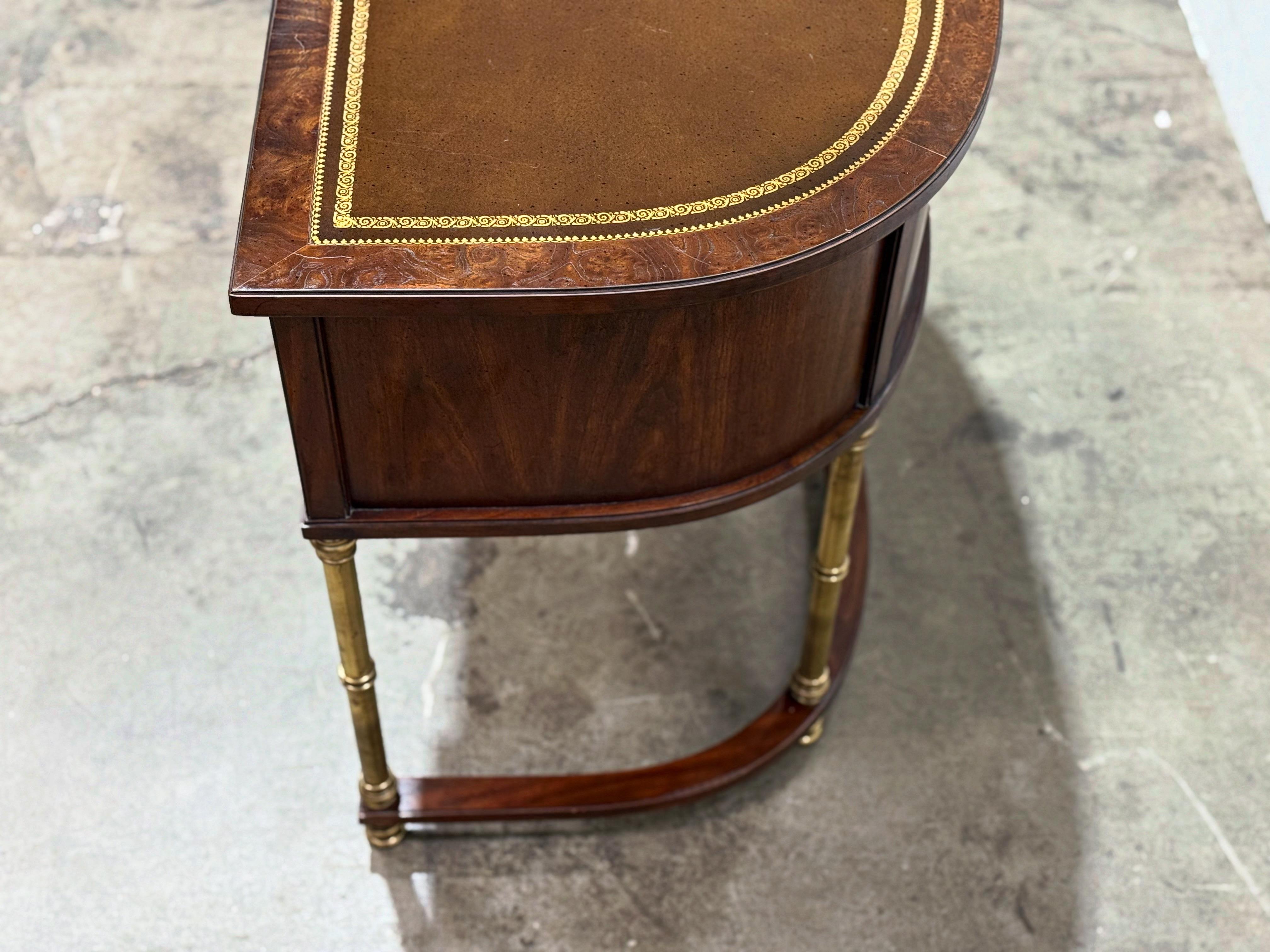 Late 20th Century Vintage Demilune Campaign Style Desk By Sligh - Burl + Brass Entry Table