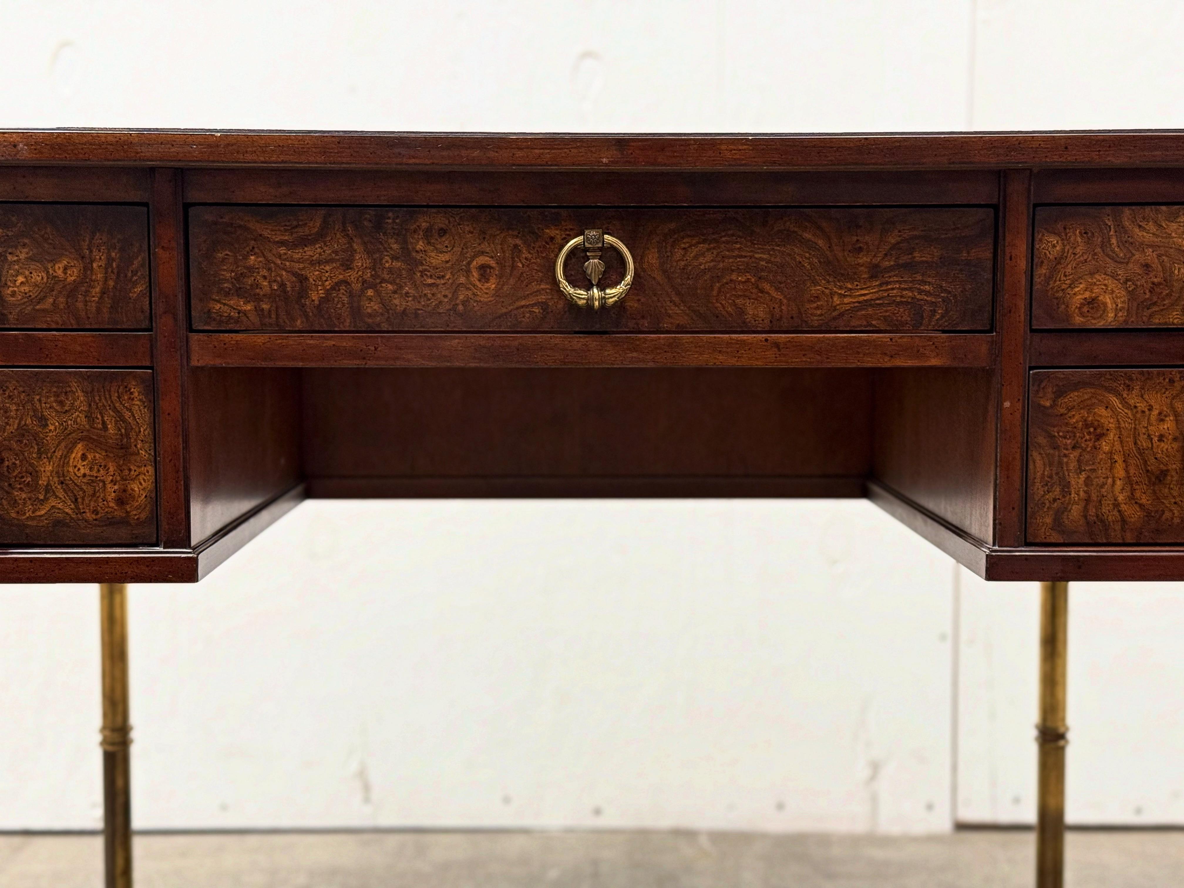 Vintage Demilune Campaign Style Desk By Sligh - Burl + Brass Entry Table 1
