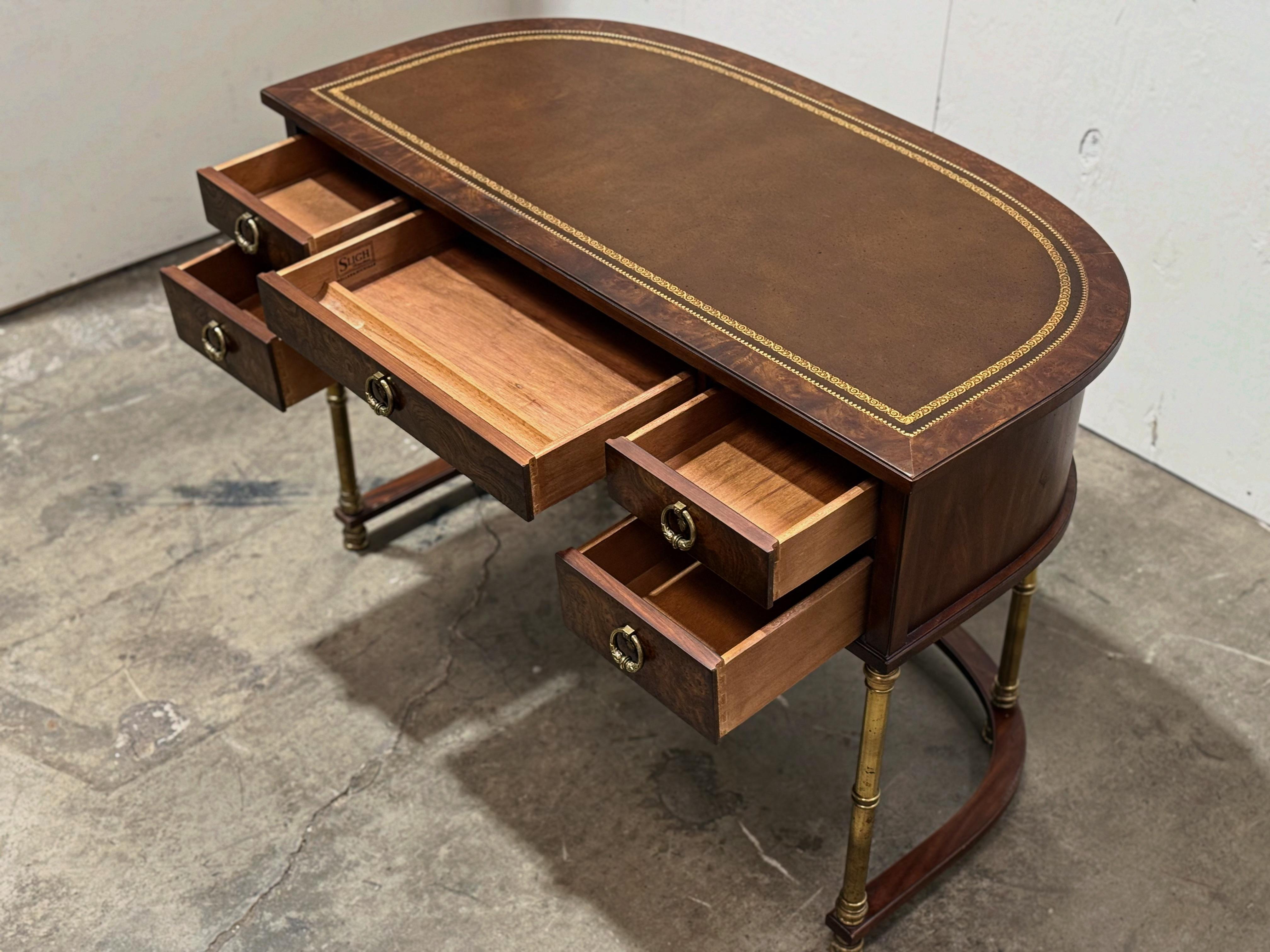 Vintage Demilune Campaign Style Desk By Sligh - Burl + Brass Entry Table 2