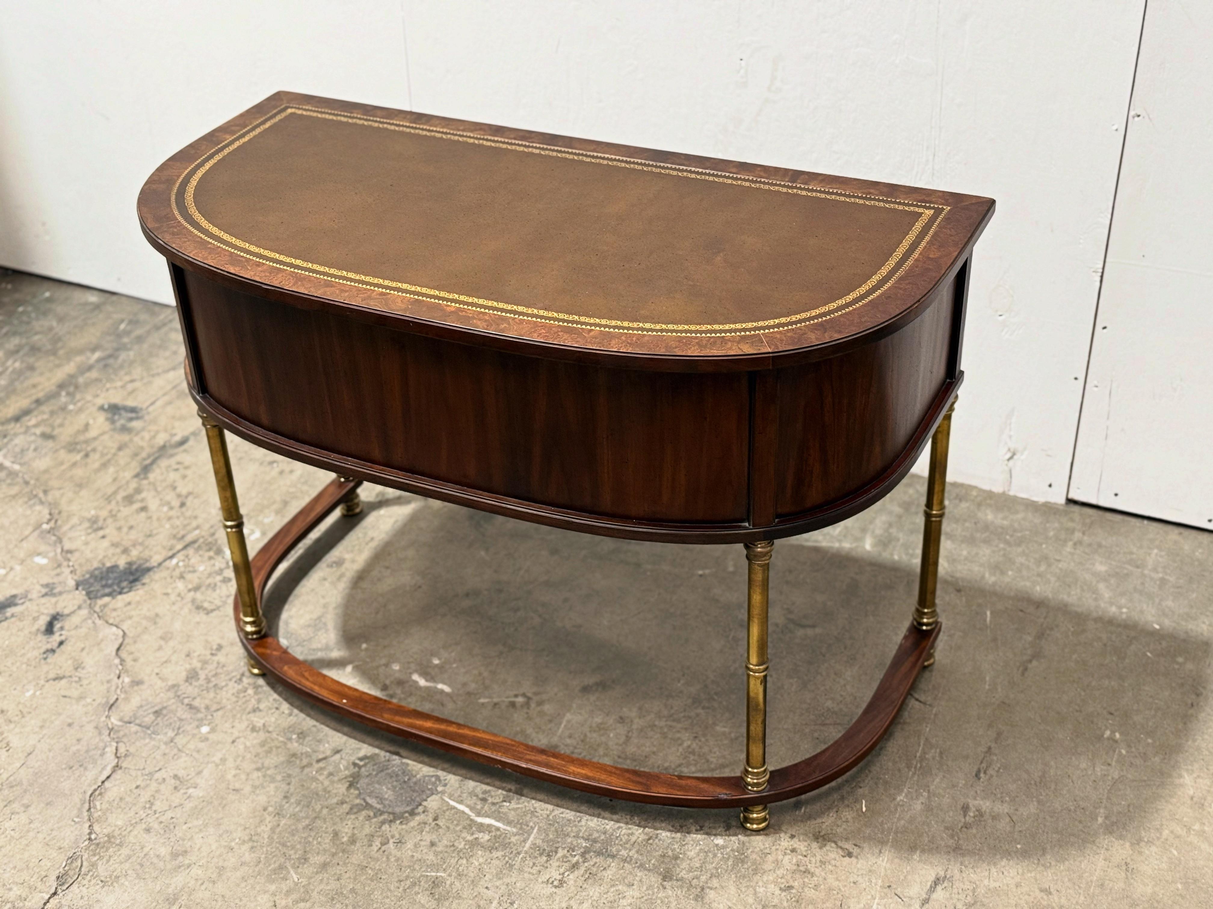 Vintage Demilune Campaign Style Desk By Sligh - Burl + Brass Entry Table 3