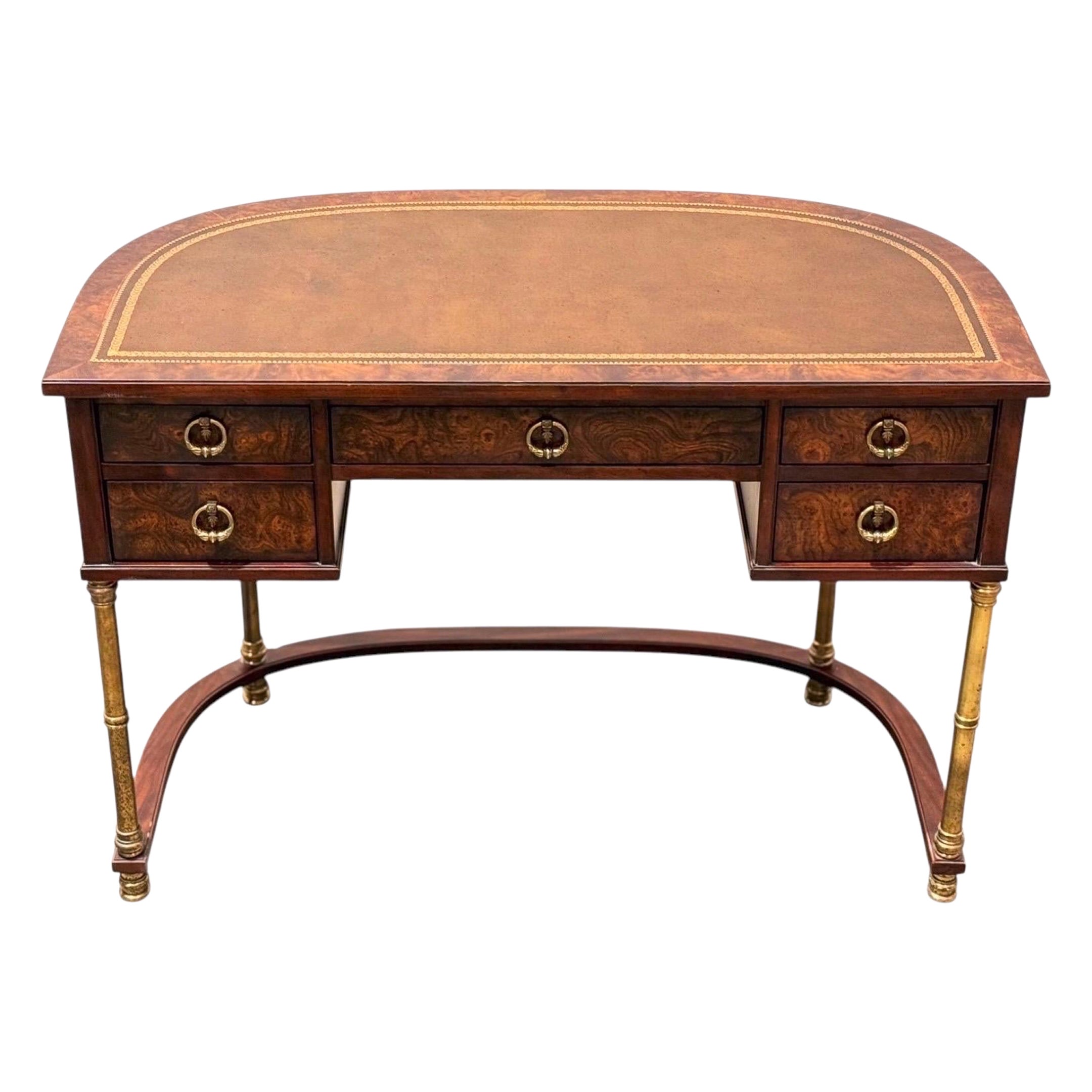 Vintage Demilune Campaign Style Desk By Sligh - Burl + Brass Entry Table