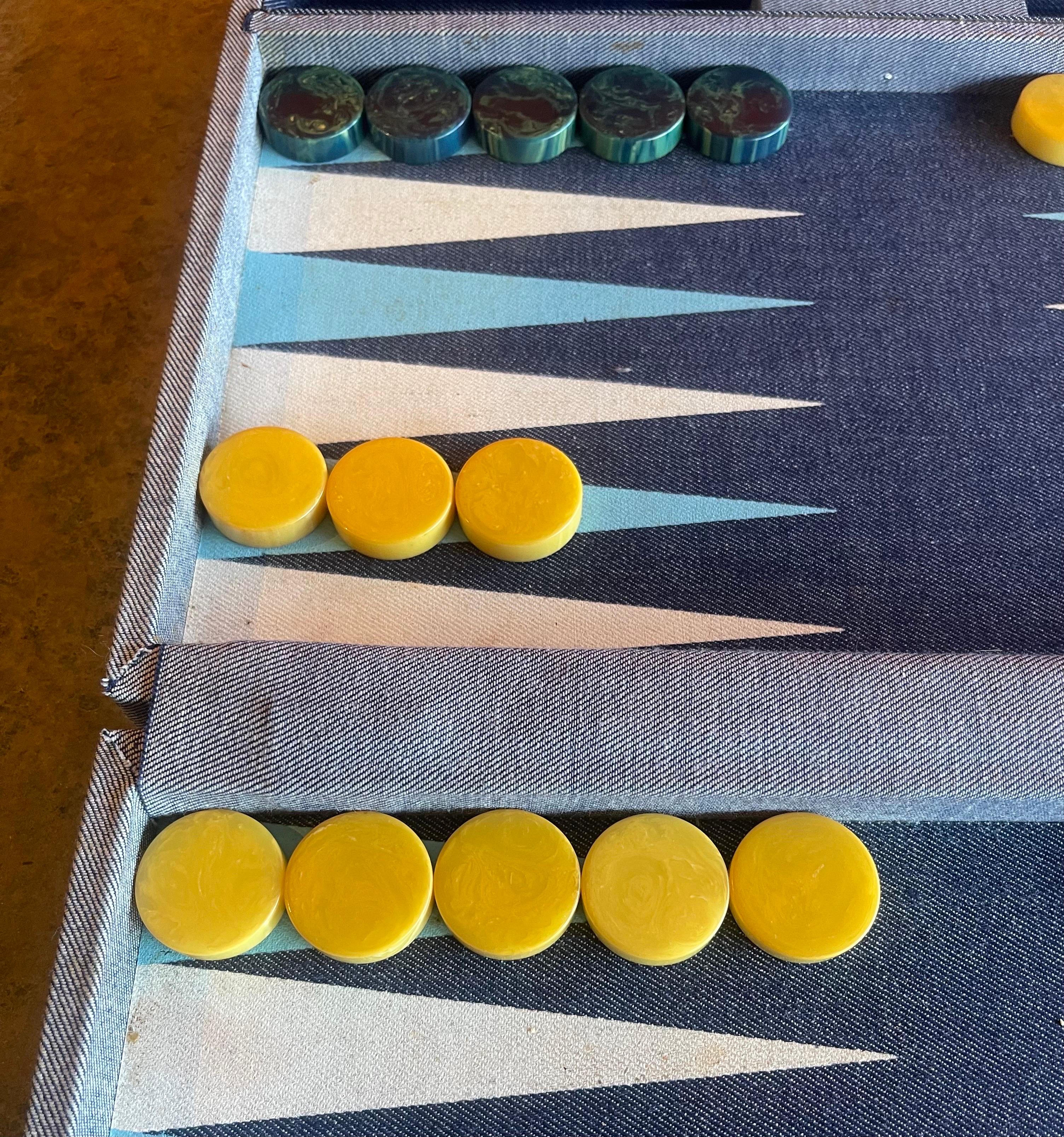 Vintage Denim & Bakelite Backgammon Set 6