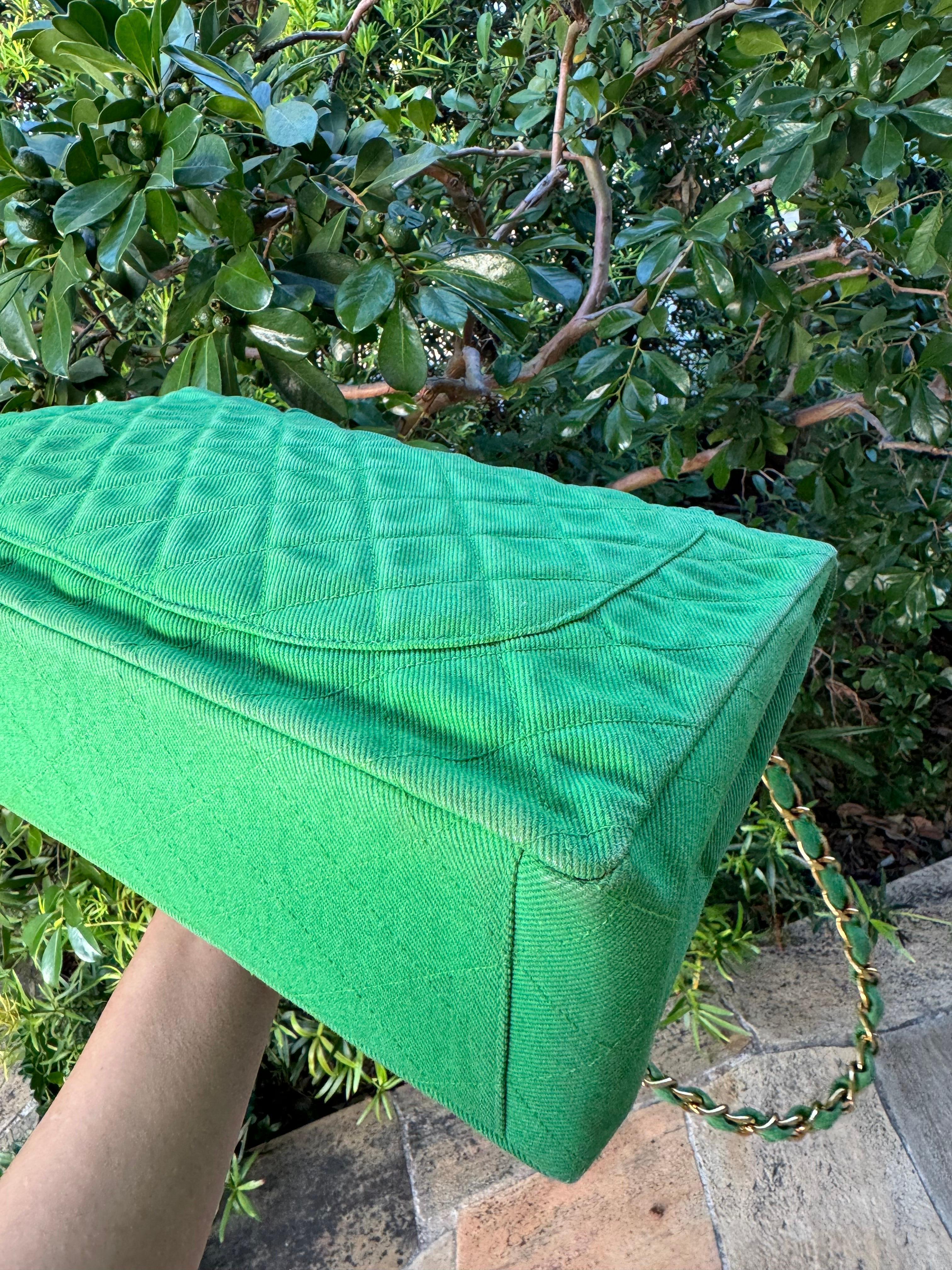 Chanel Vintage Denim Green Maxi Jumbo Single Flap For Sale 6