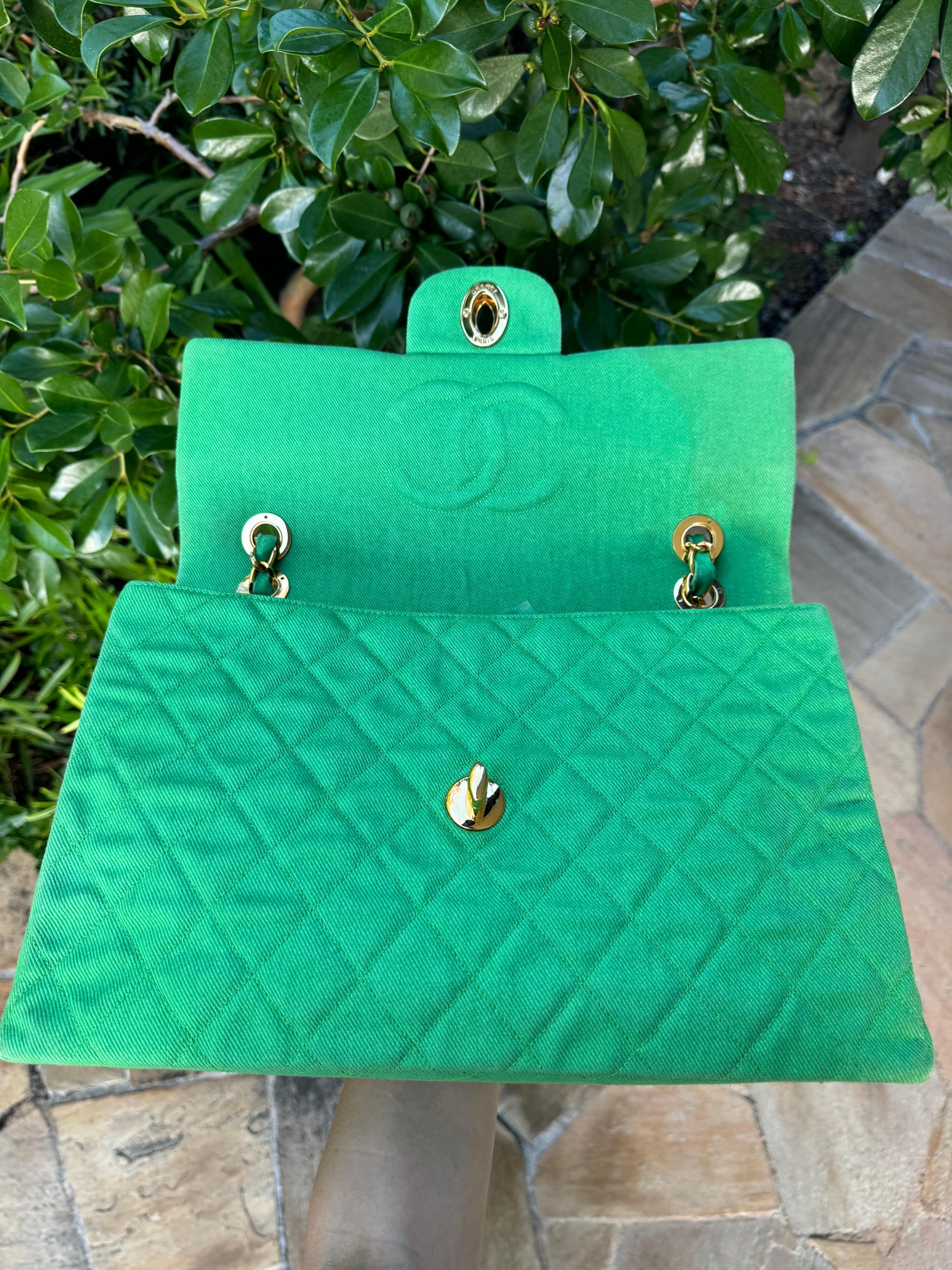 Chanel Vintage Denim Green Maxi Jumbo Single Flap For Sale 7