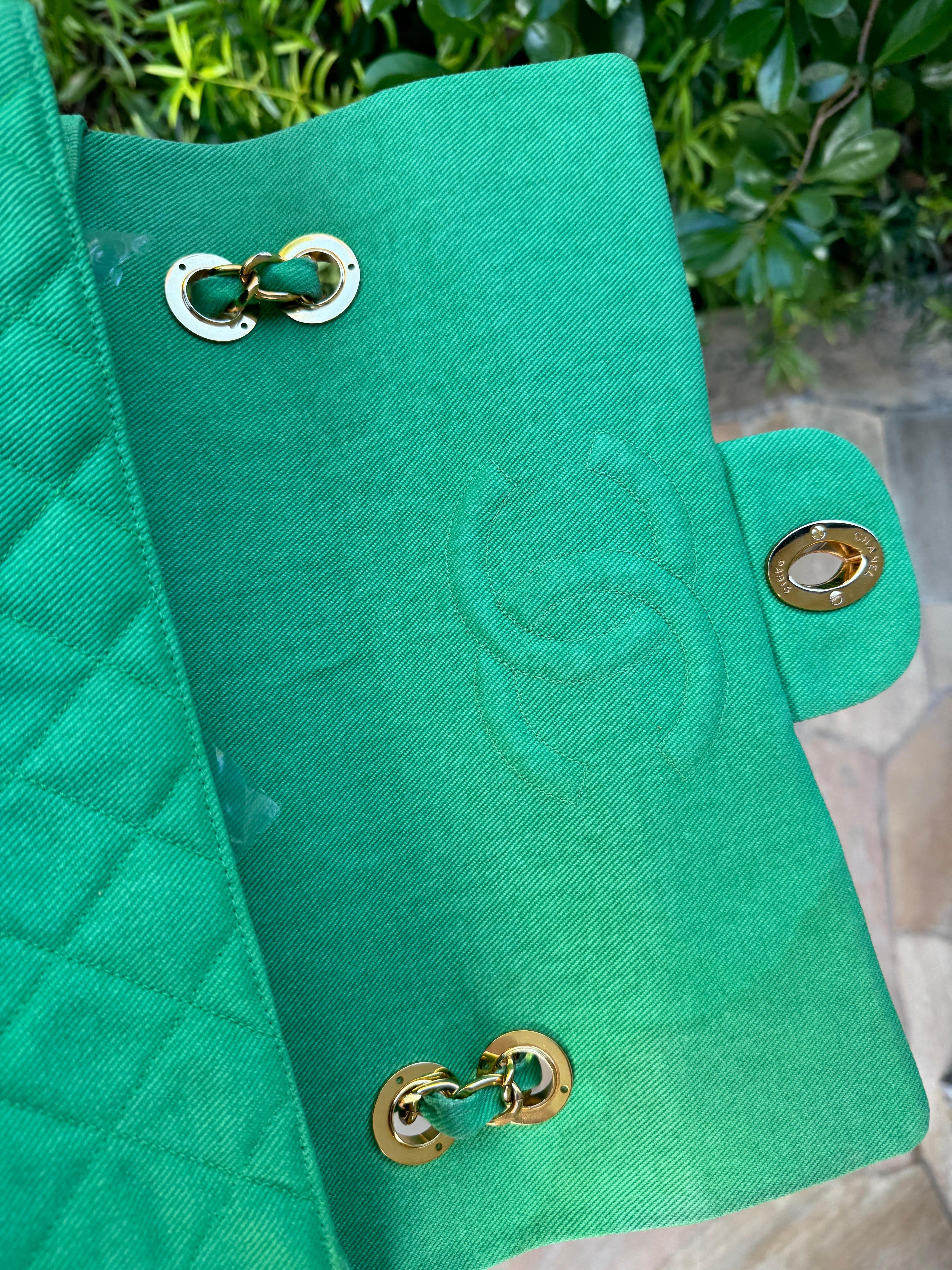 Chanel Vintage Denim Green Maxi Jumbo Single Flap For Sale 8