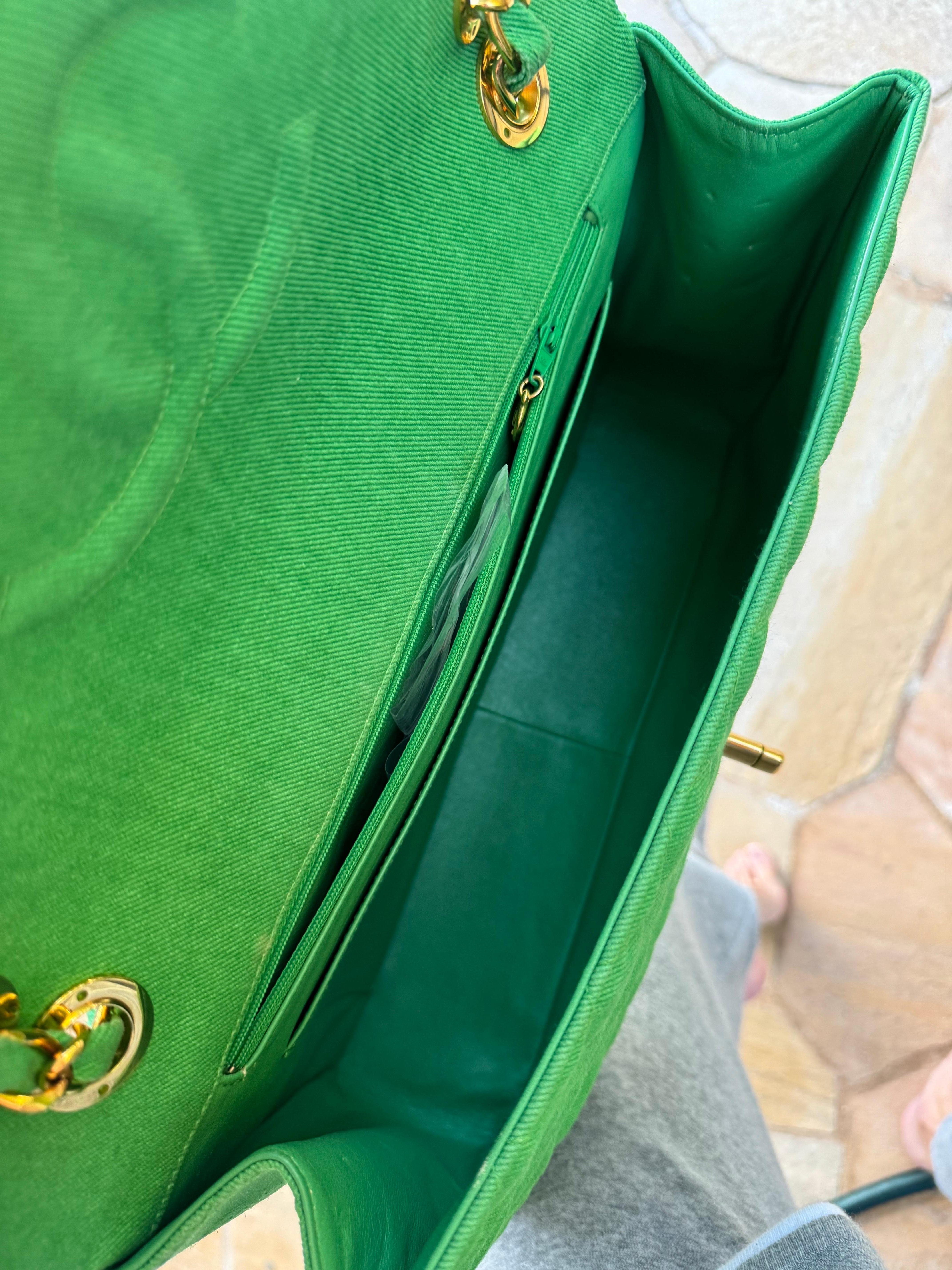 Chanel Vintage Denim Green Maxi Jumbo Single Flap For Sale 11