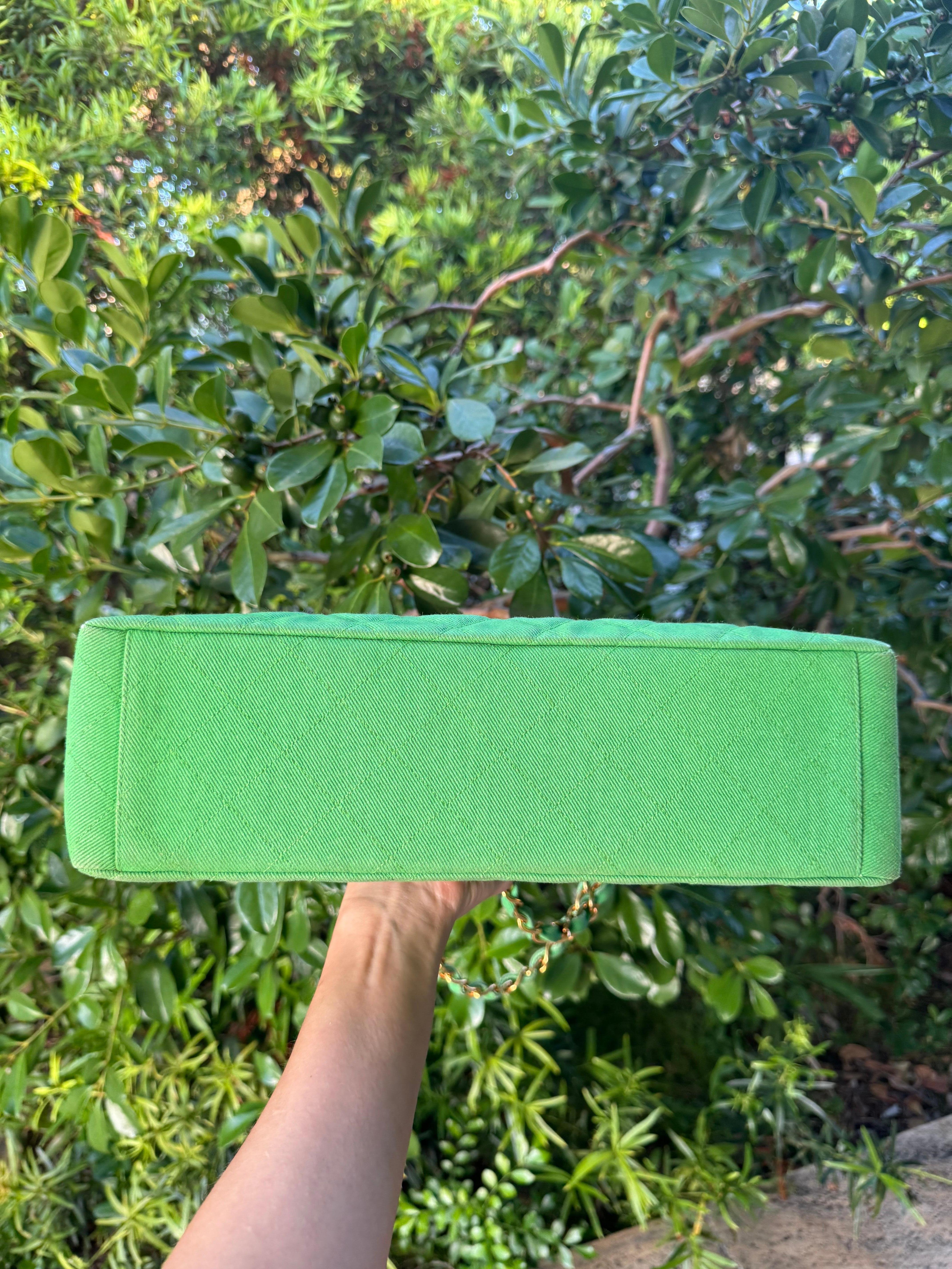 Chanel Vintage Denim Green Maxi Jumbo Single Flap In Good Condition For Sale In San Francisco, CA