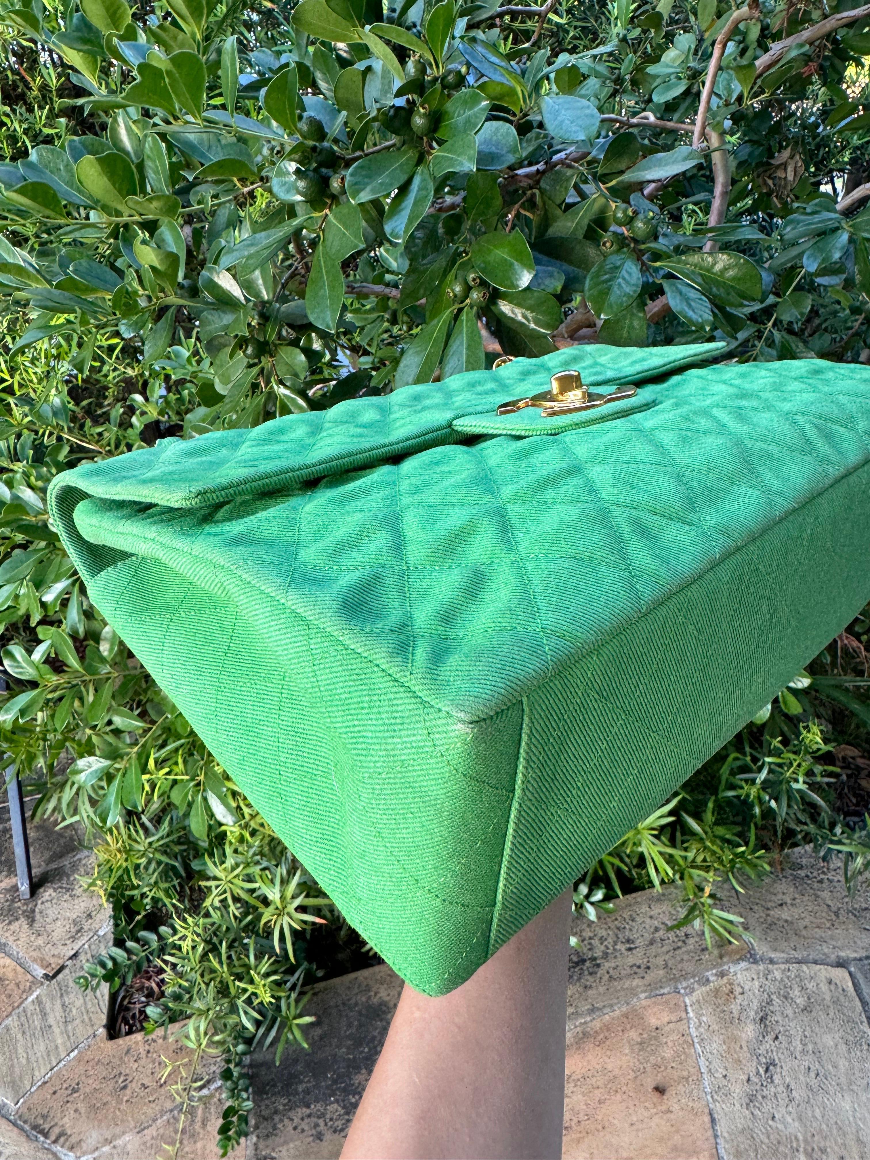 Chanel Vintage Denim Green Maxi Jumbo Single Flap For Sale 1