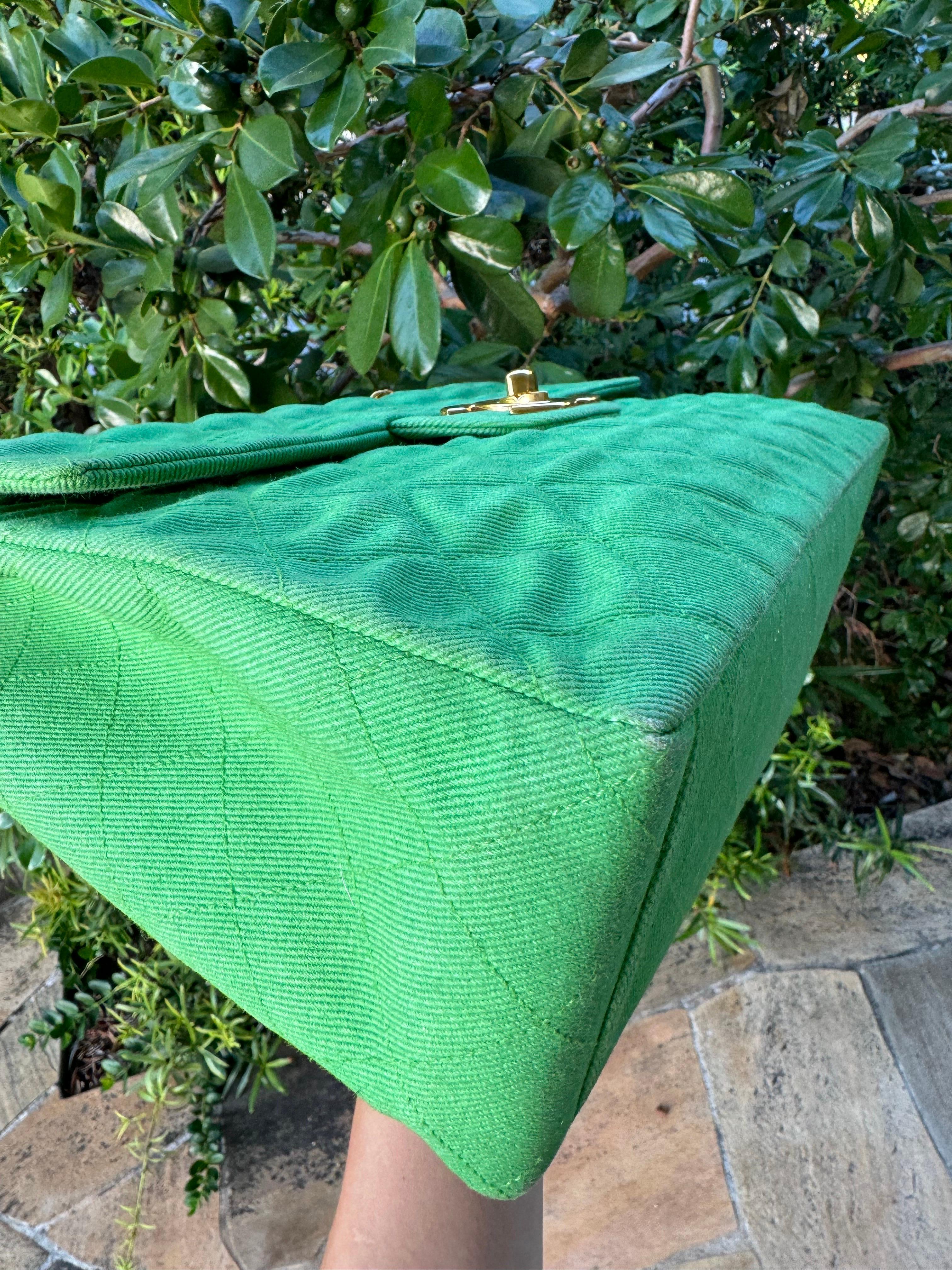 Chanel Vintage Denim Green Maxi Jumbo Single Flap For Sale 2