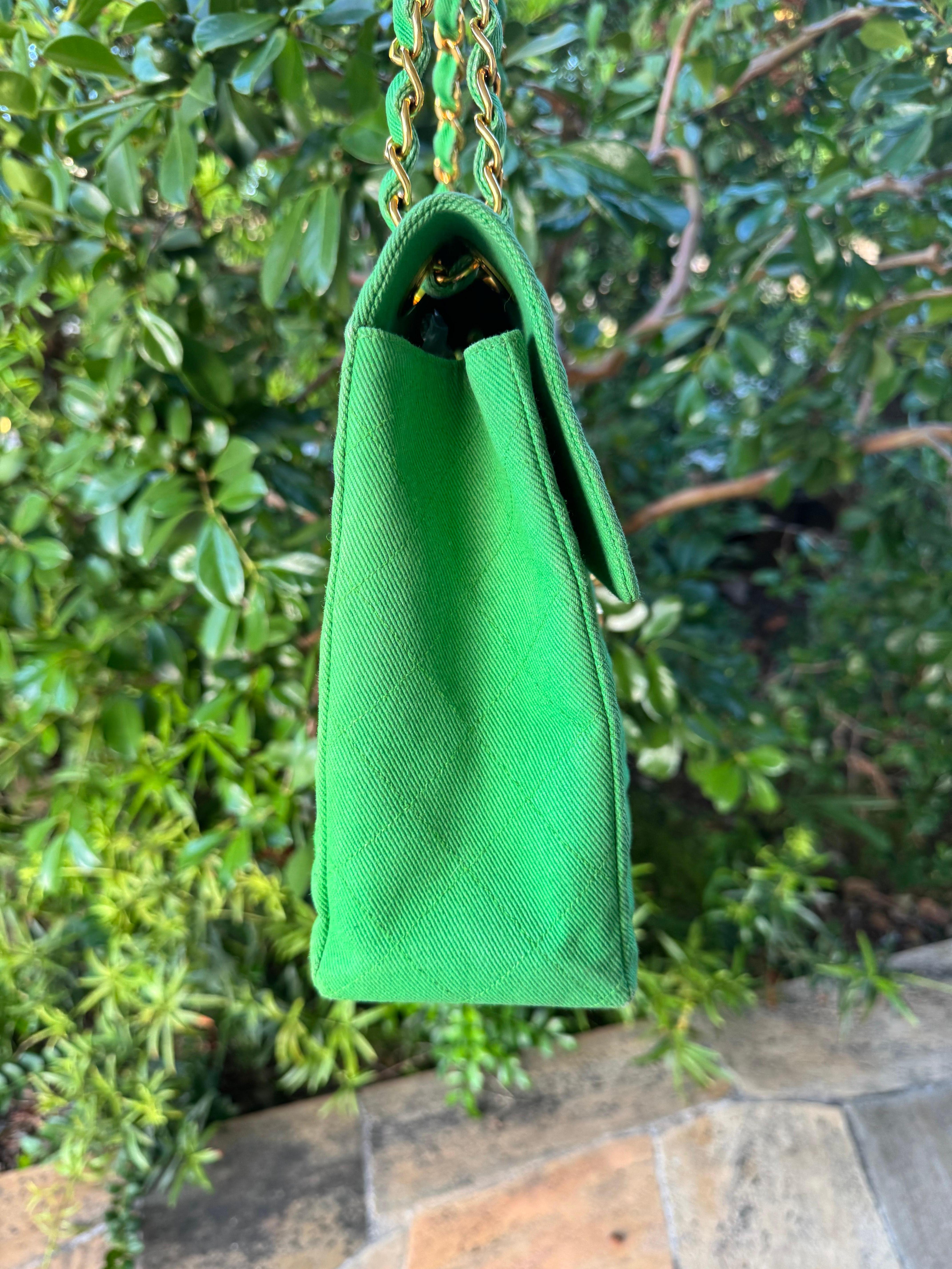 Chanel Vintage Denim Green Maxi Jumbo Single Flap For Sale 3