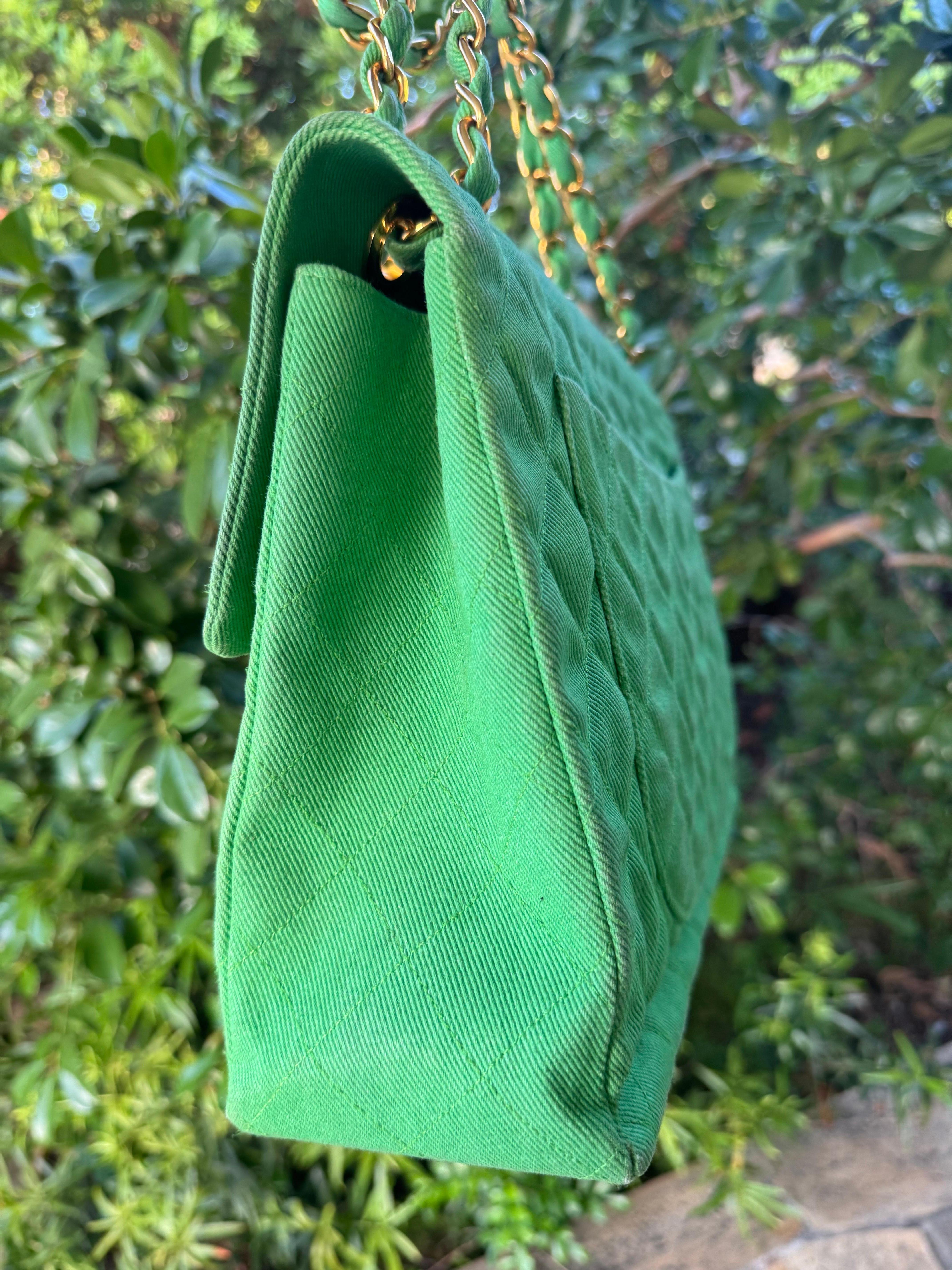 Chanel Vintage Denim Green Maxi Jumbo Single Flap For Sale 4