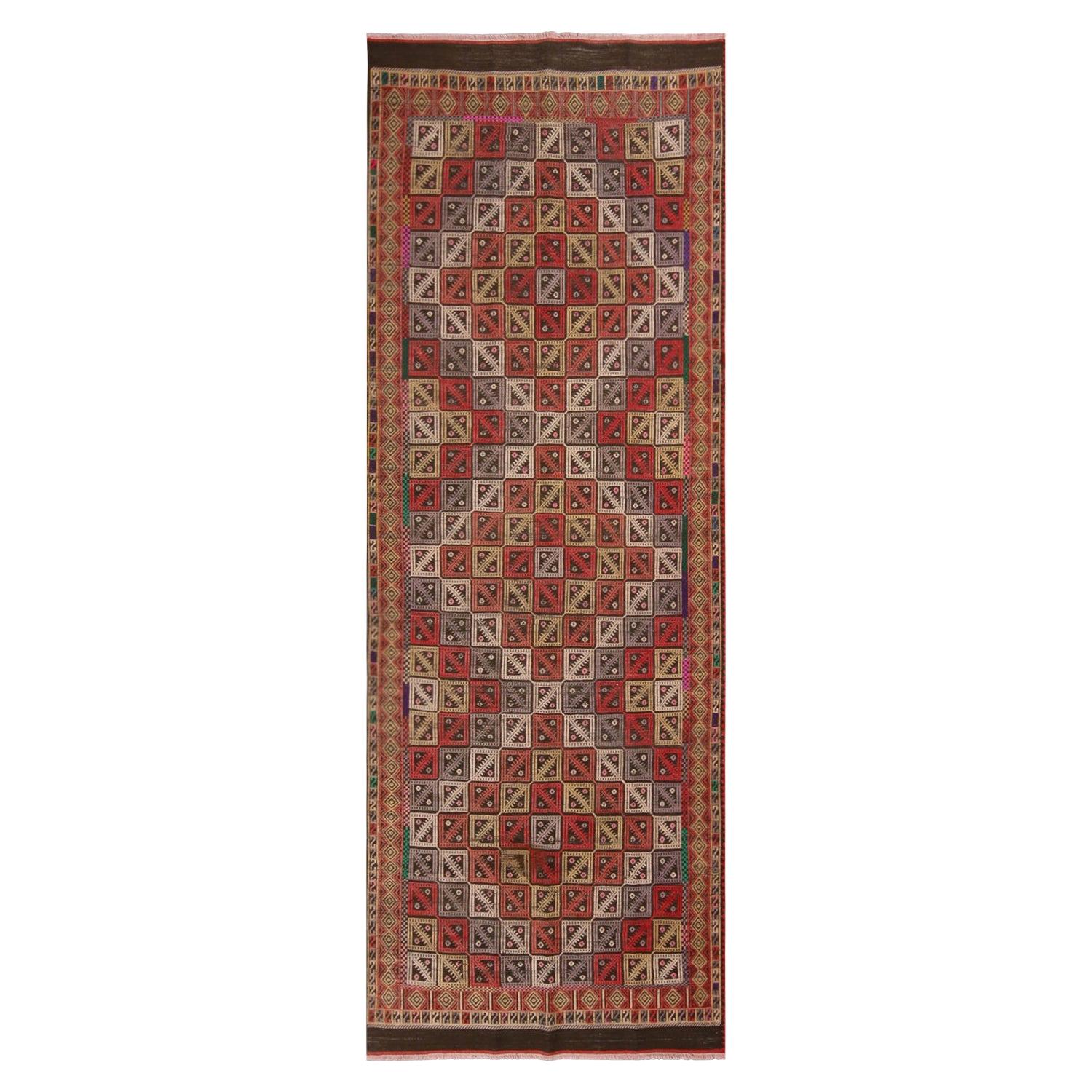 Vintage Emirdag Red and Brown Wool Kilim Rug with White and Green