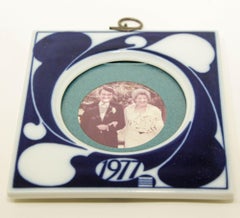 Cadre photo vintage danois en porcelaine bleue et blanche, 1977