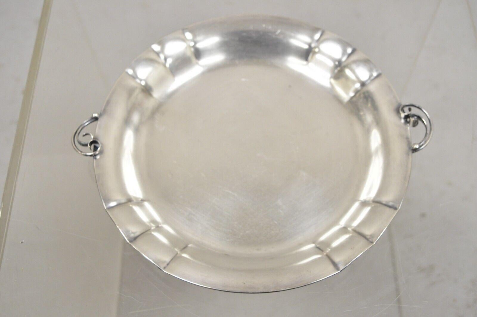 Vintage Denmark Art Nouveau Round Silver Plated Dish with Scrolling Handles For Sale 4