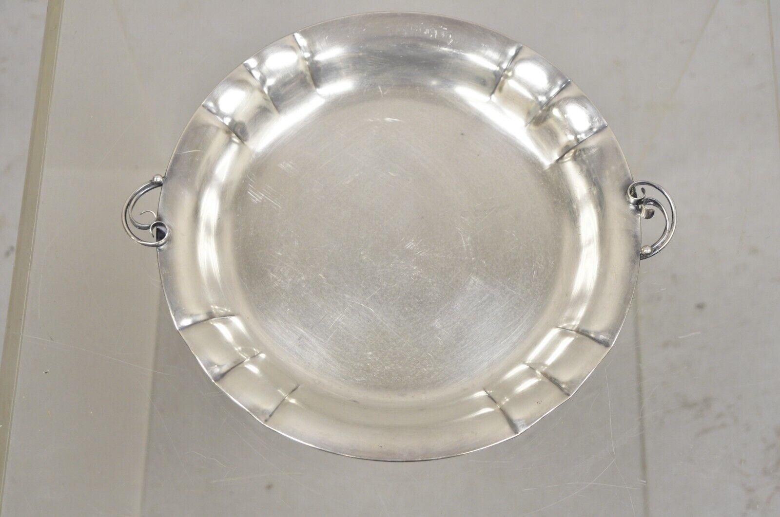 Vintage Denmark Art Nouveau Round Silver Plated Dish with Scrolling Handles For Sale 5