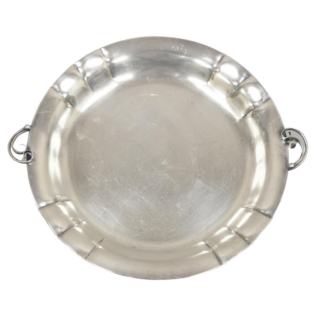 Vintage Denmark Art Nouveau Round Silver Plated Dish with Scrolling Handles For Sale