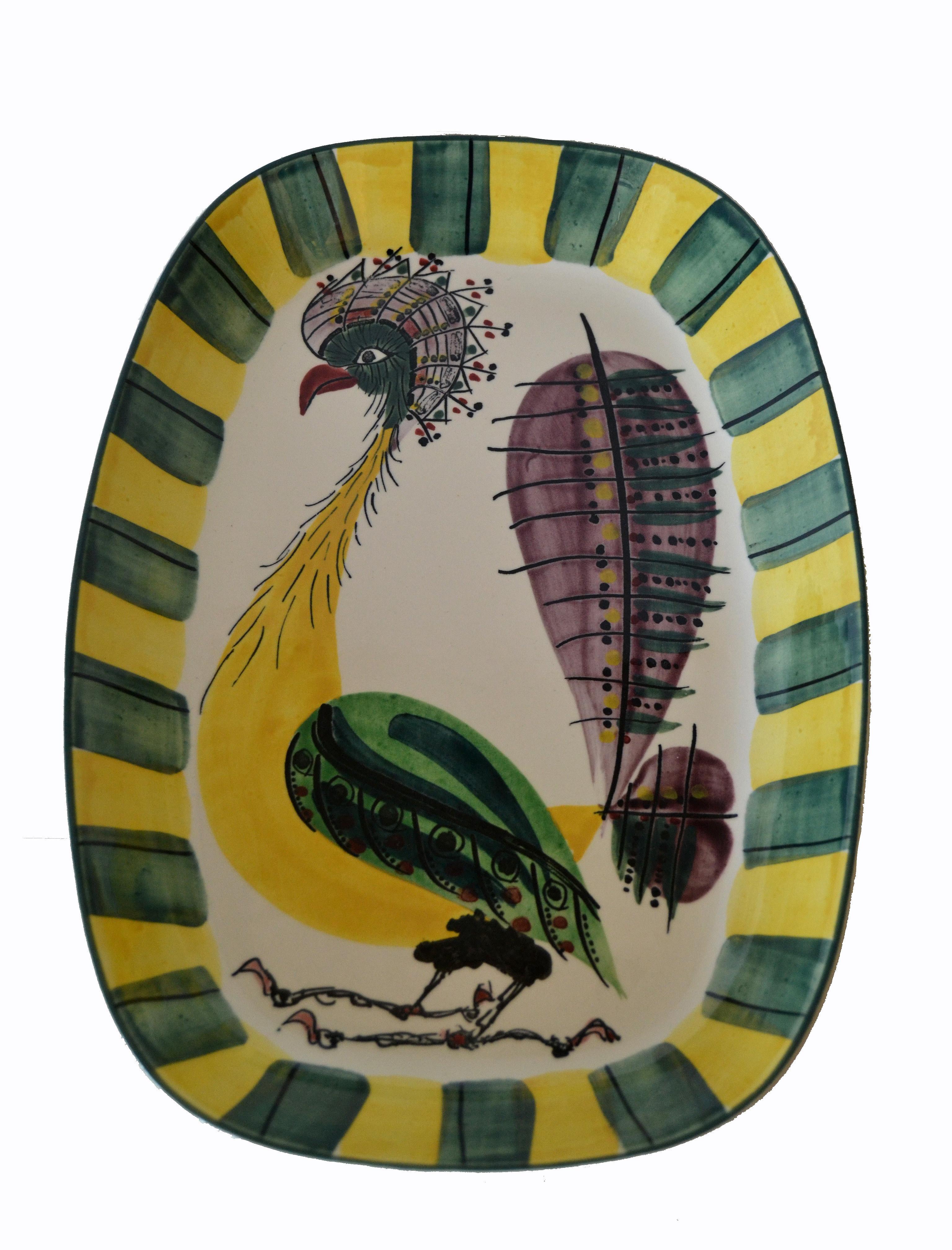 Vintage Denmark Royal Copenhagen Fajance Peacock Bird Pottery Platter Signed BA 4