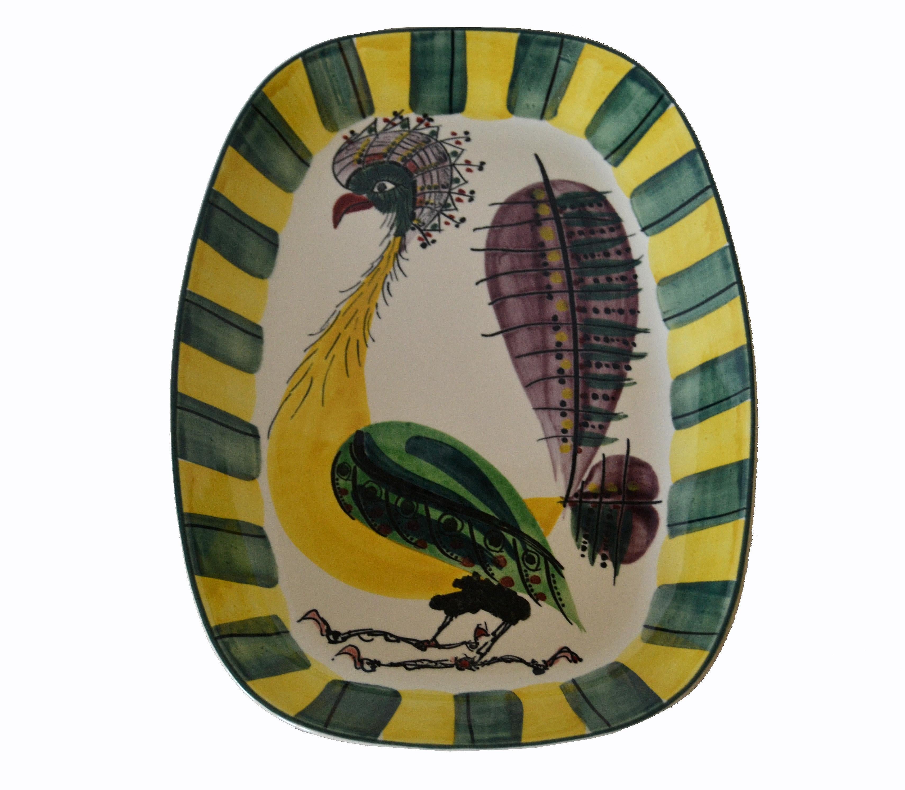 Scandinavian Modern Vintage Denmark Royal Copenhagen Fajance Peacock Bird Pottery Platter Signed BA