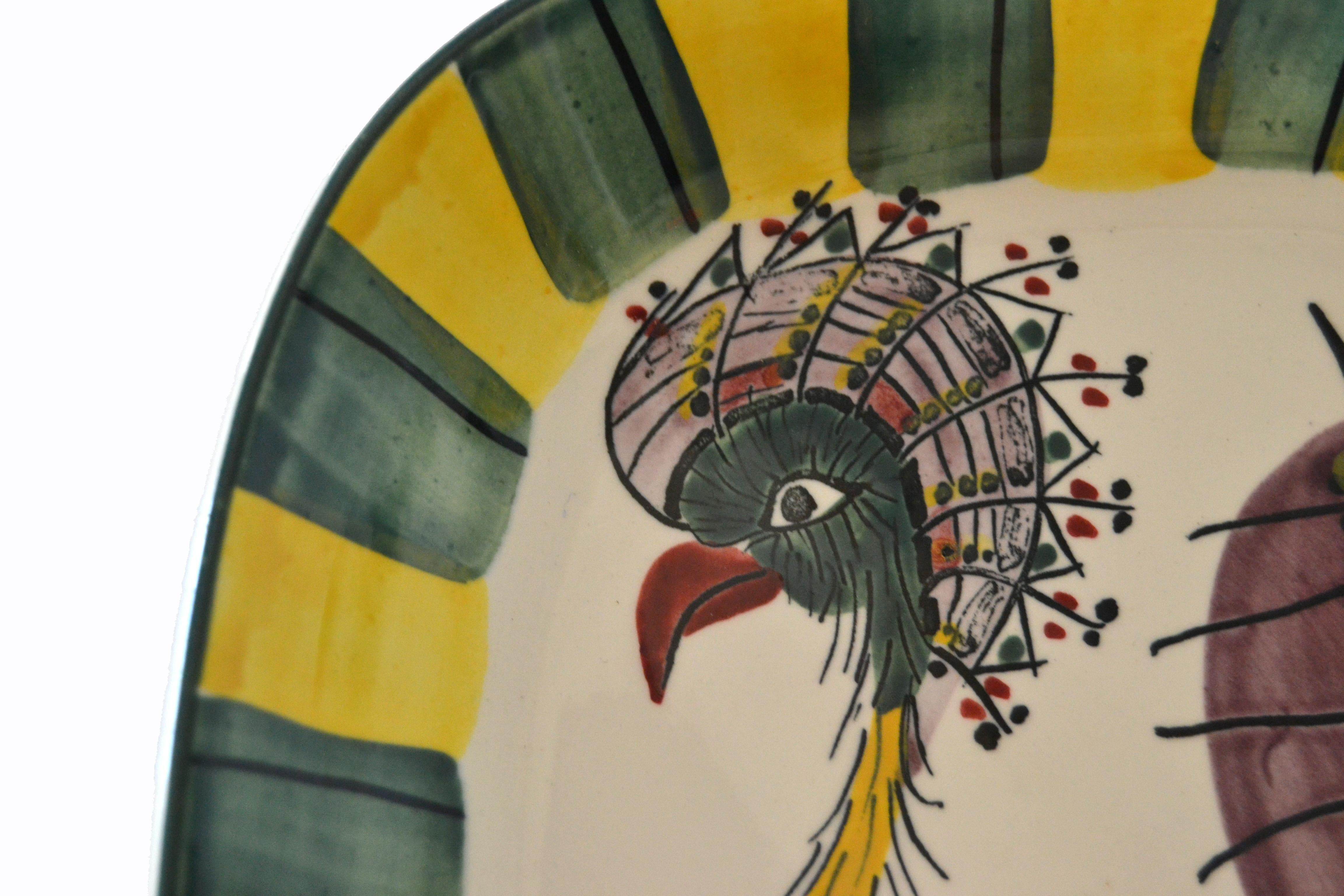 Vintage Denmark Royal Copenhagen Fajance Peacock Bird Pottery Platter Signed BA In Good Condition In Miami, FL