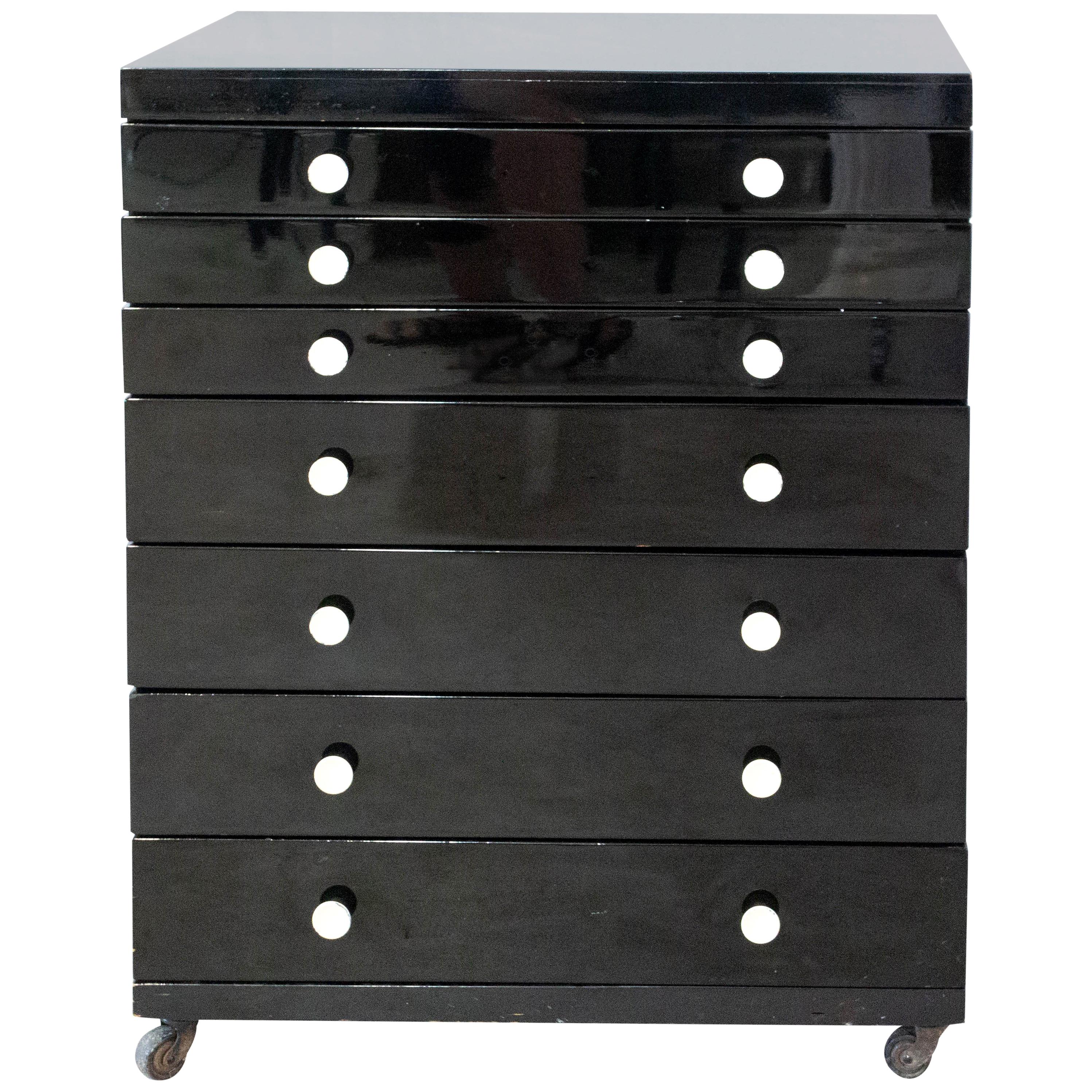 Vintage Dentist Storage Cabinet French Black Lacquered Seven Drawers, 1960