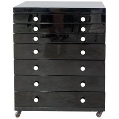 Vintage Dentist Storage Cabinet French Black Lacquered Seven Drawers, 1960