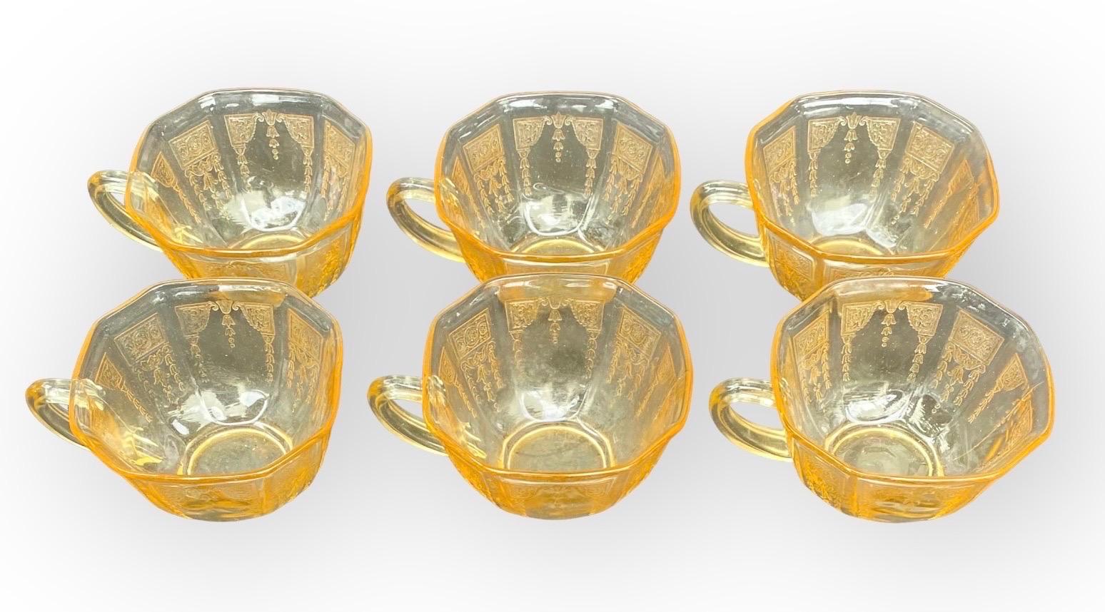 Set aus sechs Anker-Hocking-Topas- Prinzessin-Tasse aus Depressionsglas (Art déco) im Angebot