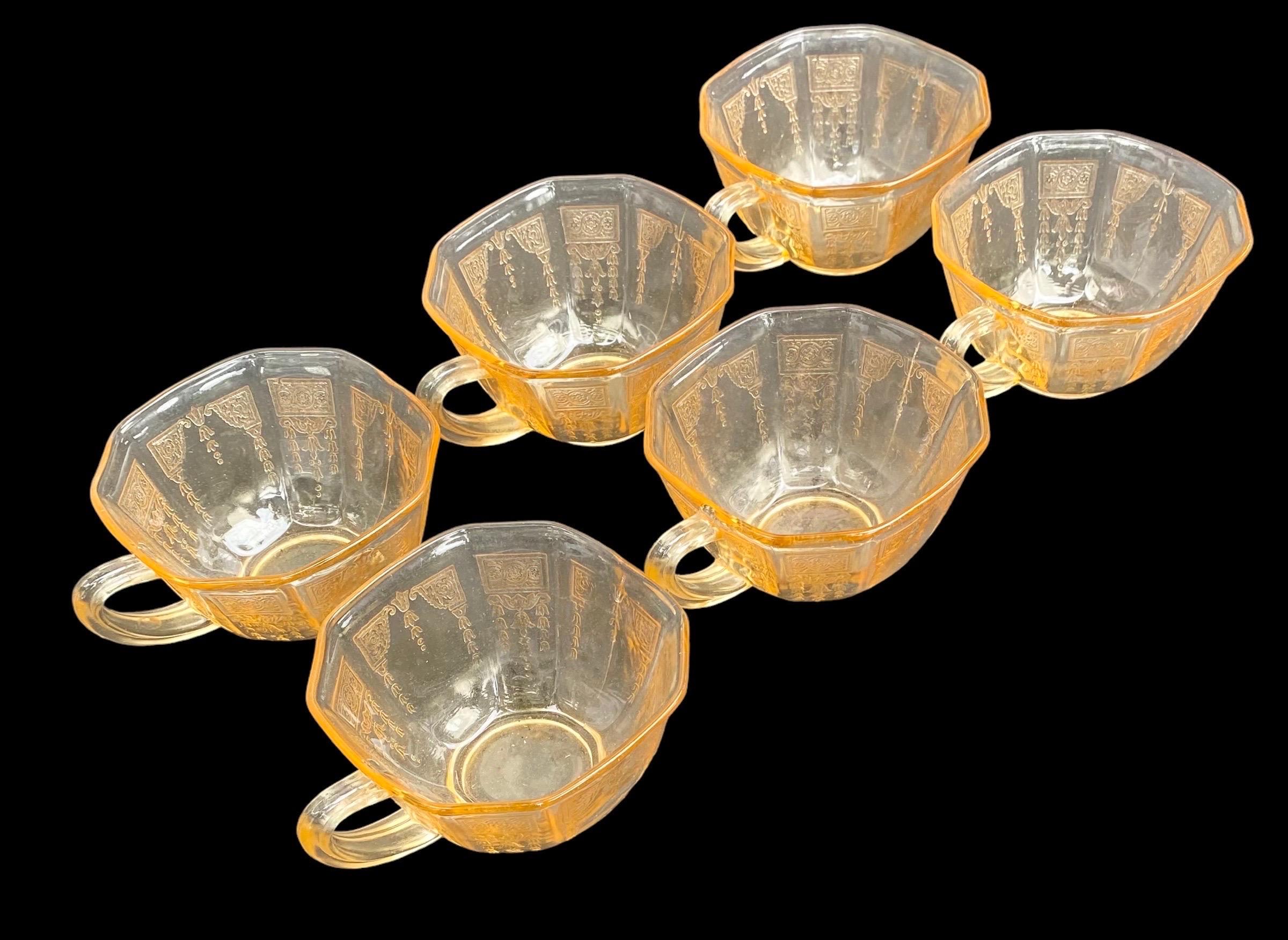 Embossed Vintage Depression Glass Set of Six Anchor Hocking Topaz Princess Cups For Sale