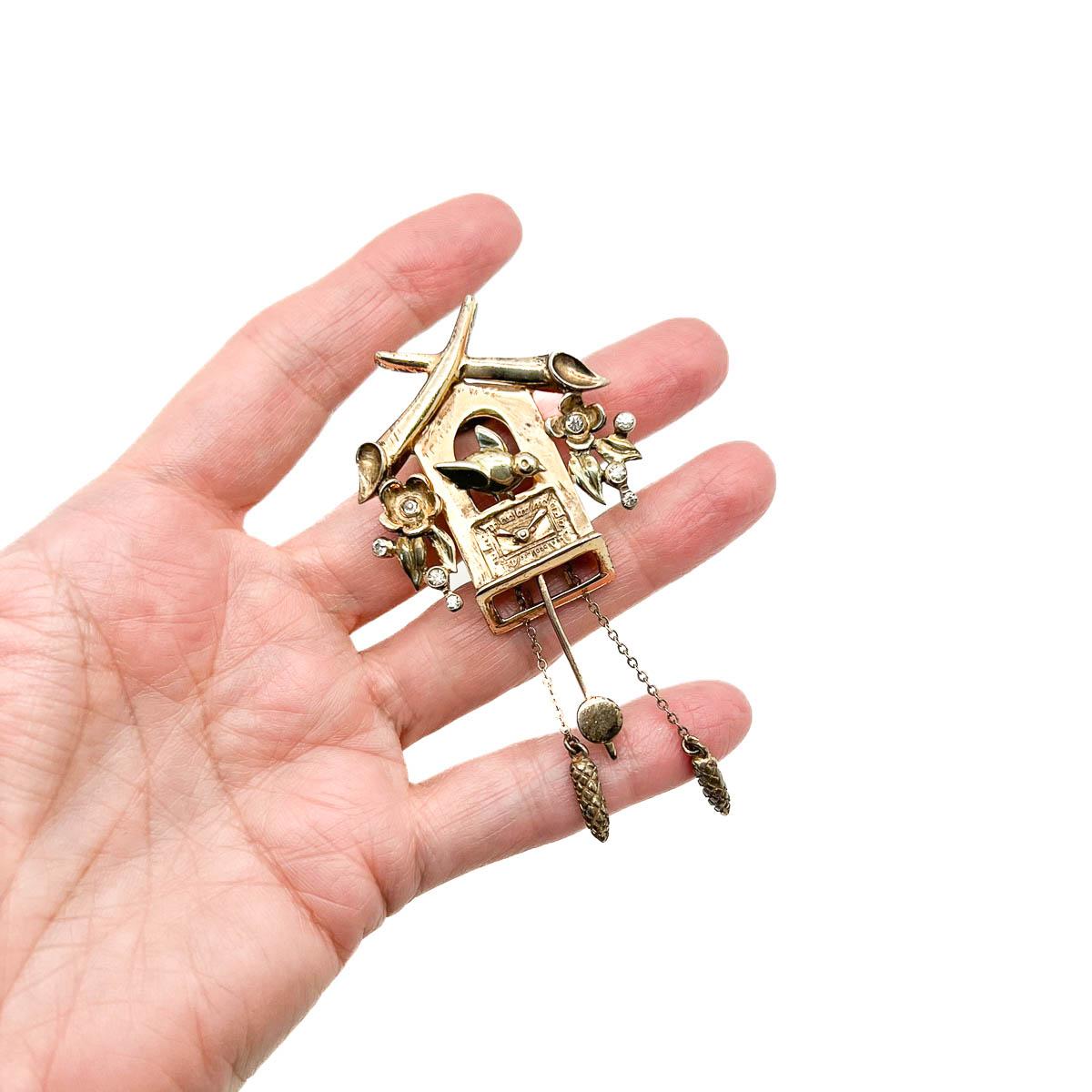 Women's or Men's Vintage DeRosa Sterling Cuckoo Clock Brooch 1940s For Sale