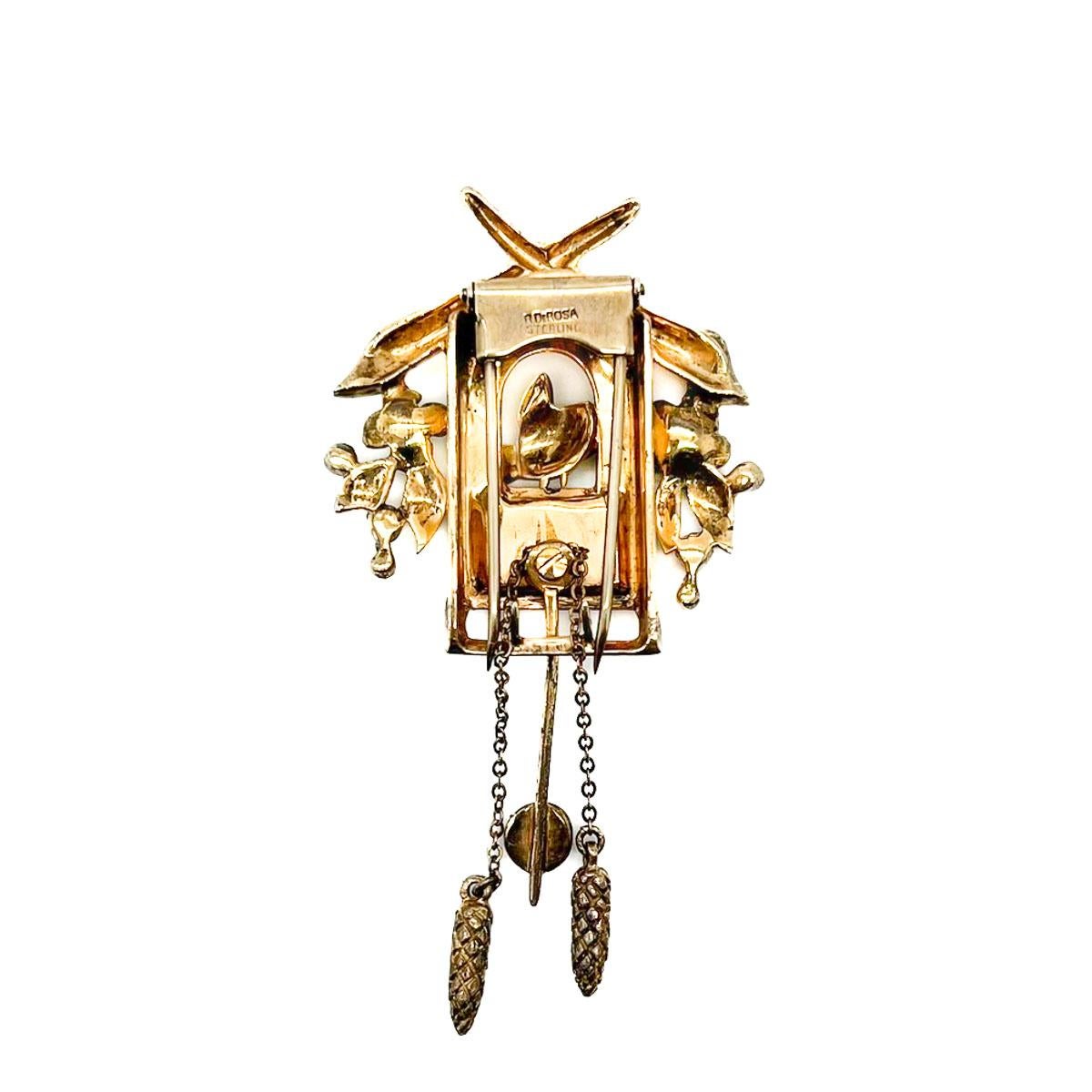 Vintage DeRosa Sterling Cuckoo Clock Brooch 1940s For Sale 4