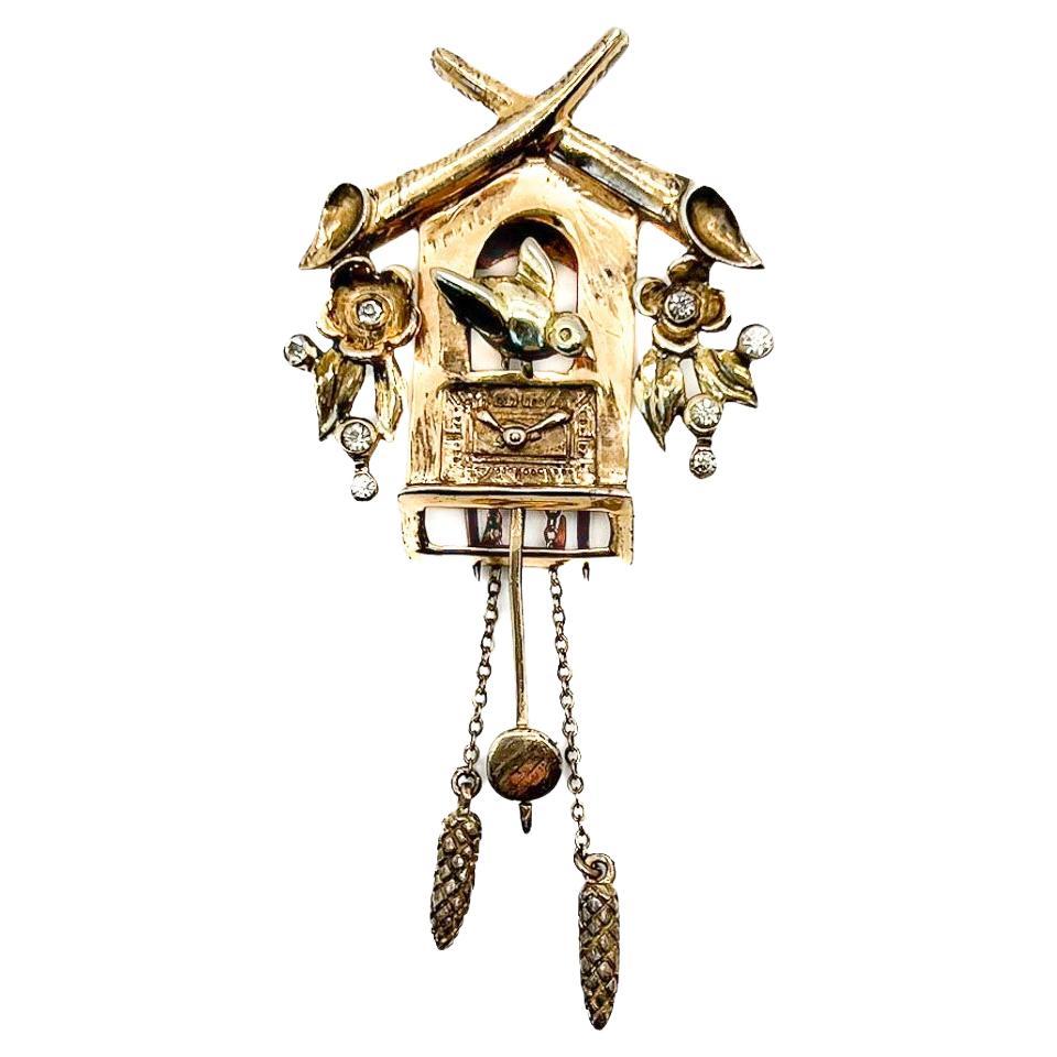 Vintage DeRosa Sterling Cuckoo Clock Brooch 1940s For Sale