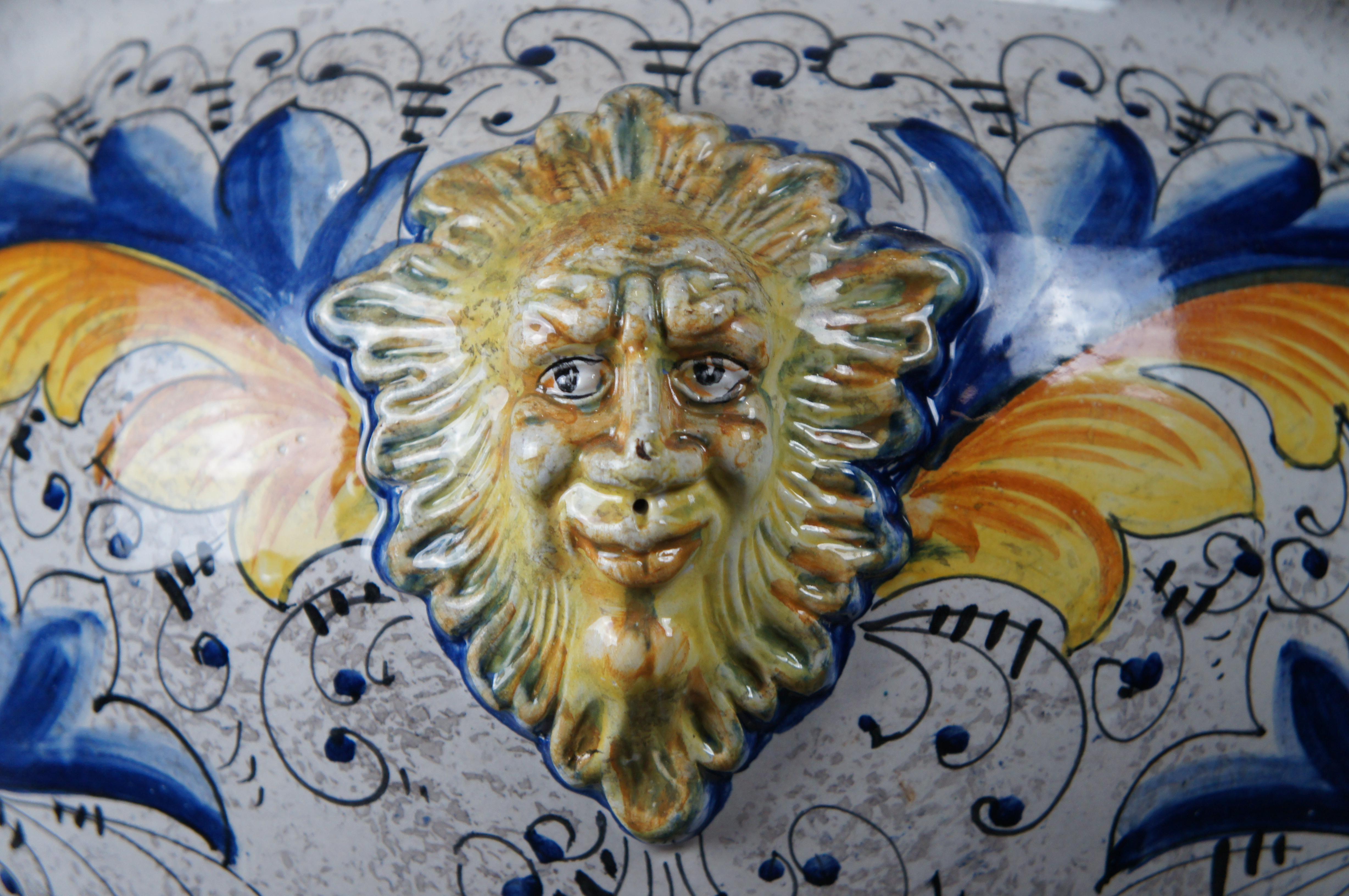 Folk Art Vintage Deruta Italian Hand Painted Majolica Sun Face Cache Pot Jardinière 18