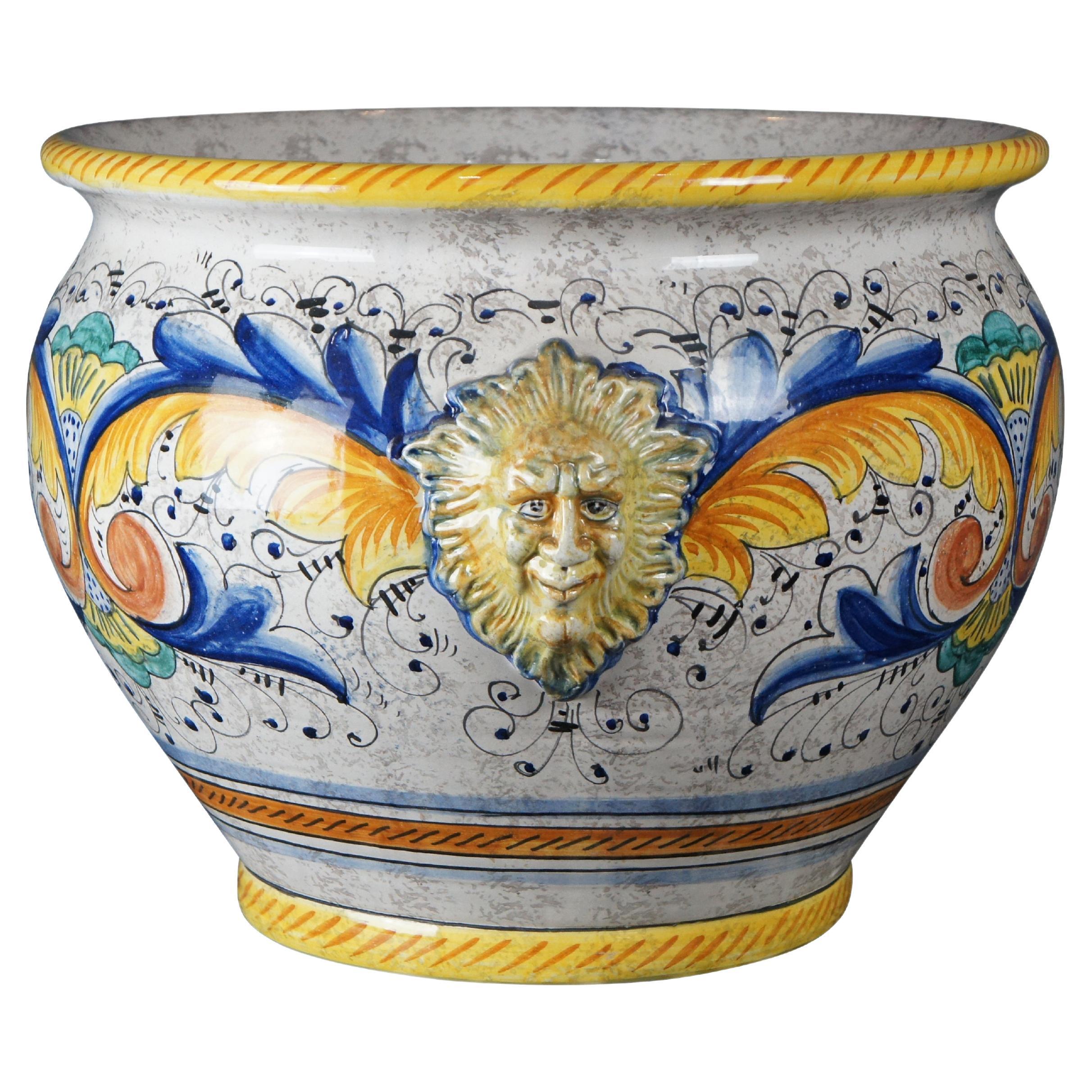 Vintage Deruta Italian Hand Painted Majolica Sun Face Cache Pot Jardinière 18"