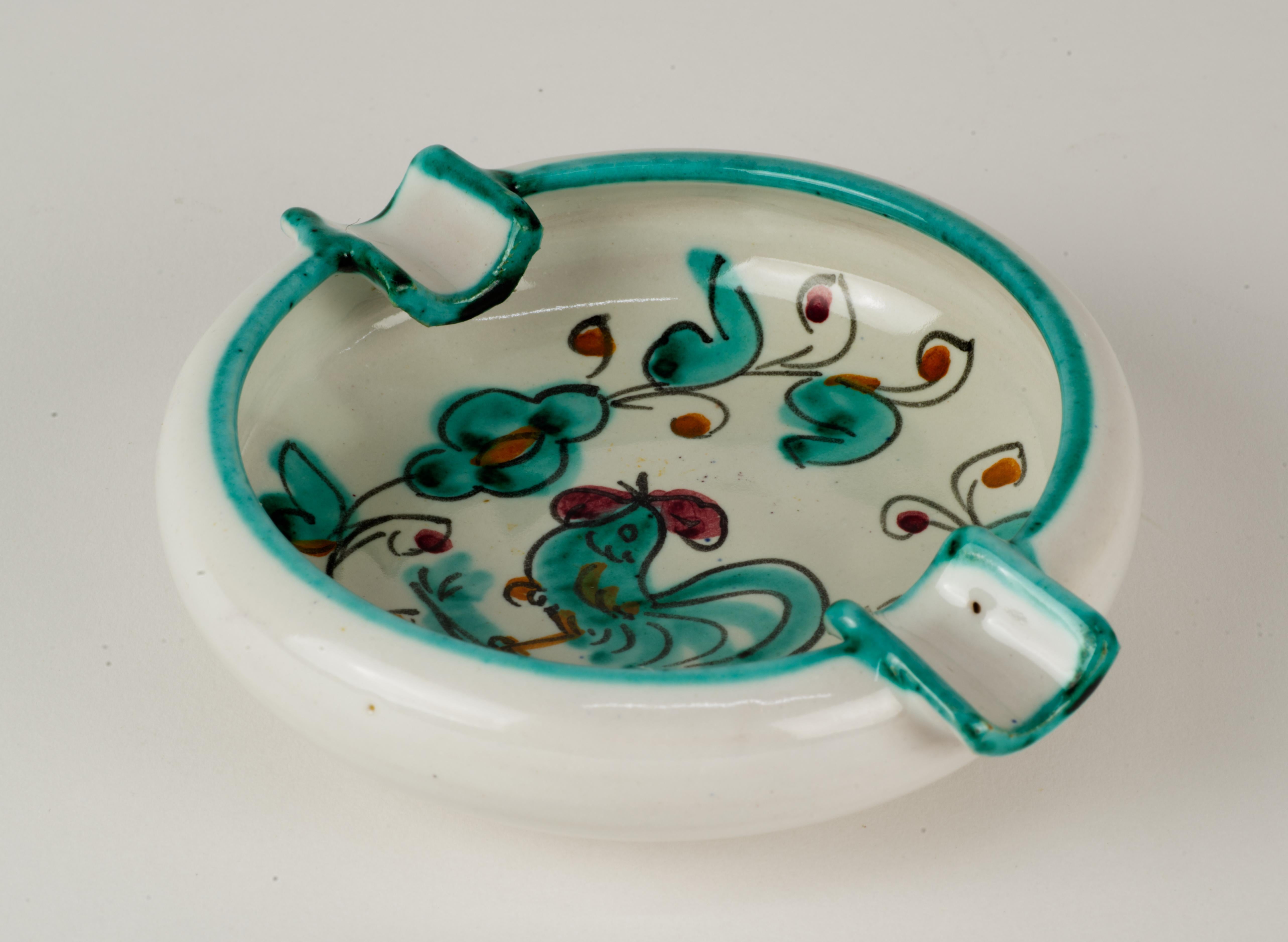 Country Cendrier vintage Deruta Teal Rooster Majolica Italie années 1960 en vente