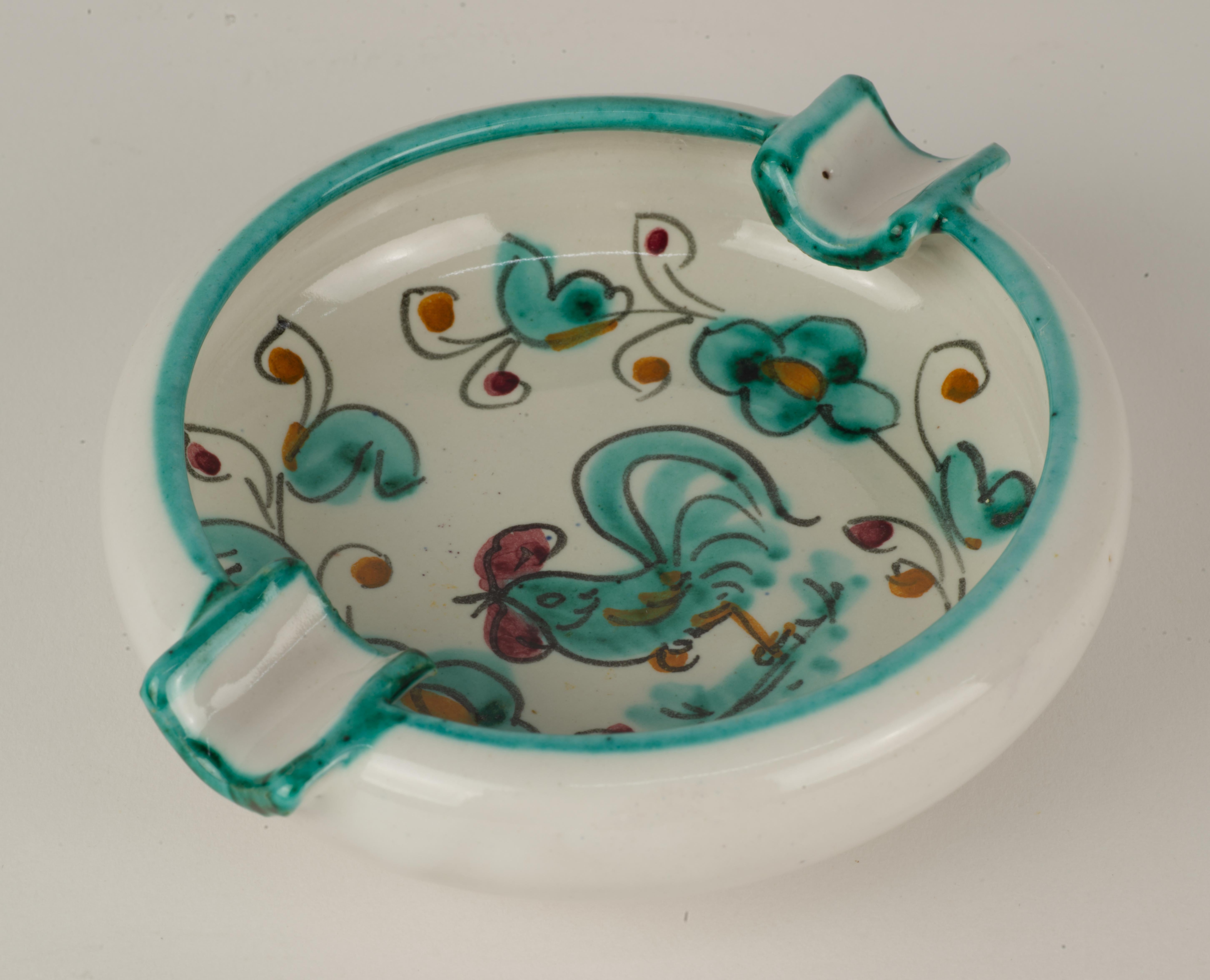 italien Cendrier vintage Deruta Teal Rooster Majolica Italie années 1960 en vente