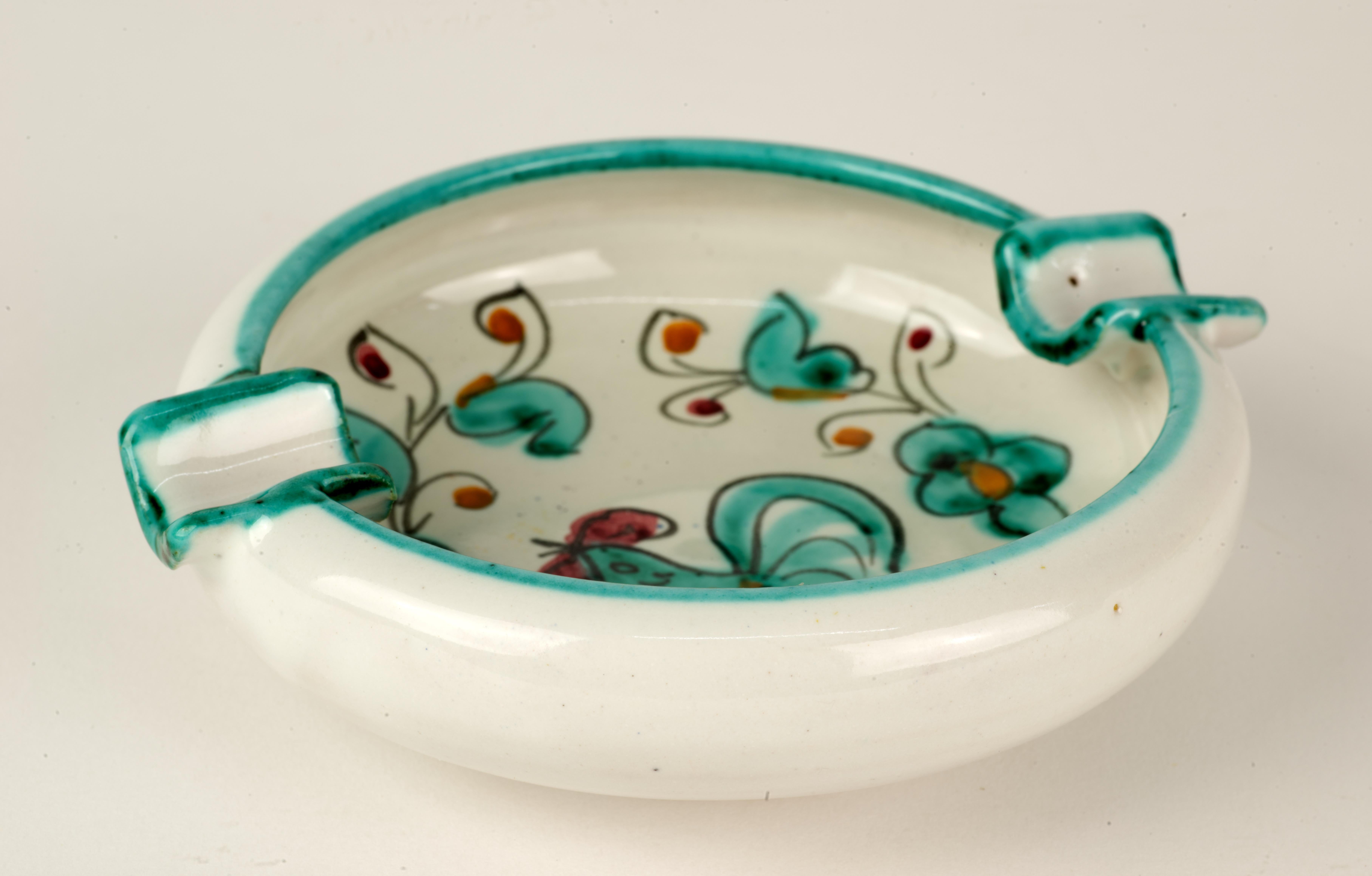 Cendrier vintage Deruta Teal Rooster Majolica Italie années 1960 Bon état - En vente à Clifton Springs, NY