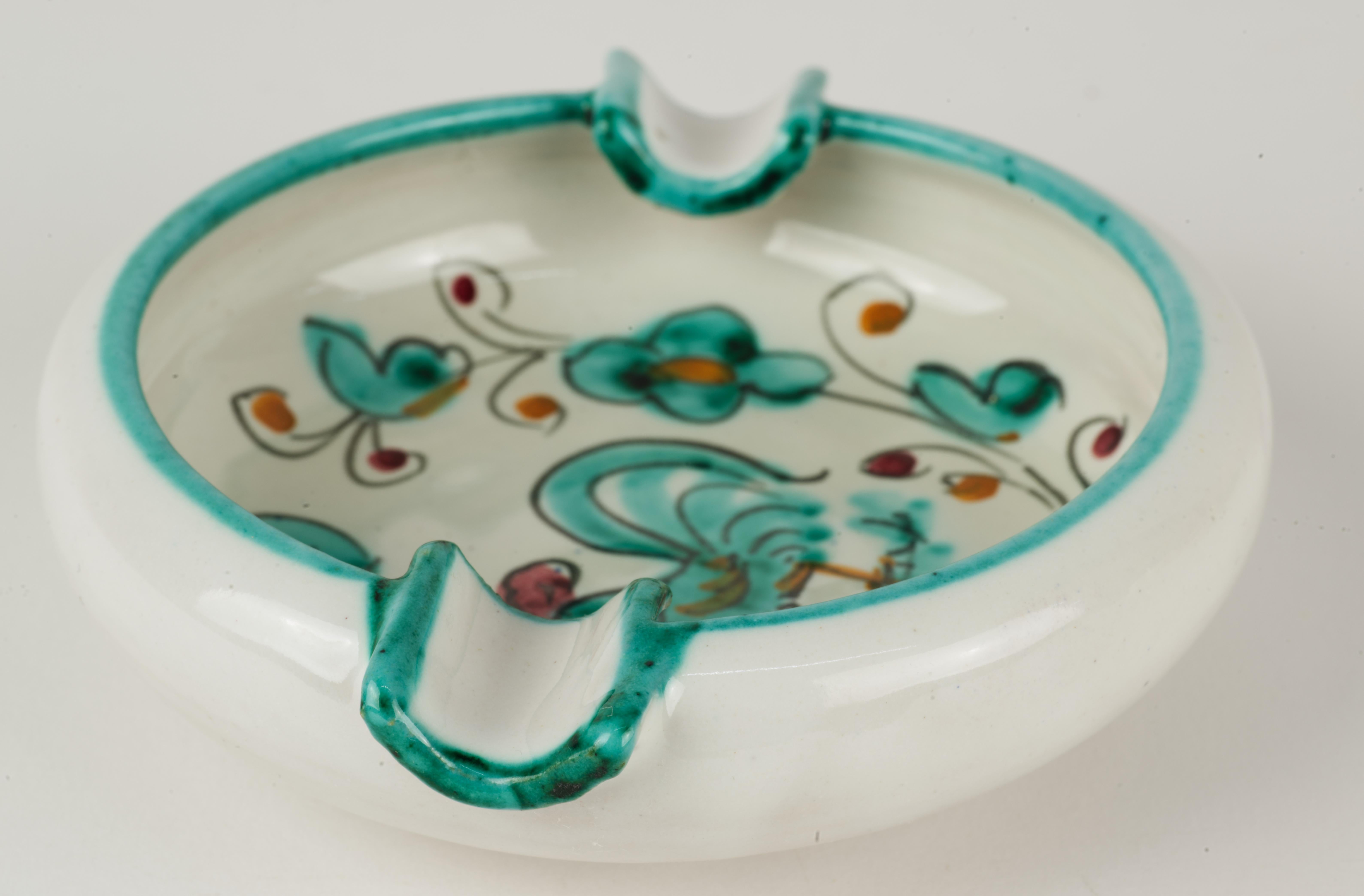 20ième siècle Cendrier vintage Deruta Teal Rooster Majolica Italie années 1960 en vente