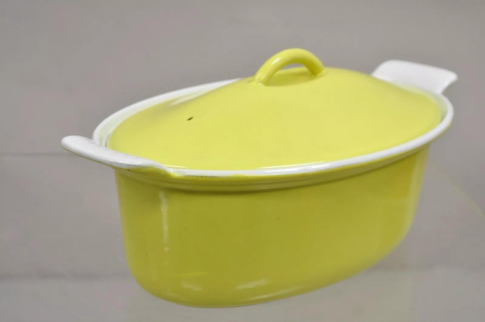 Vintage Descoware Belgium Yellow Cast Iron Enamel Oval Lidded Casserole Pot. Circa Mid 20th Century. Measurements: 5