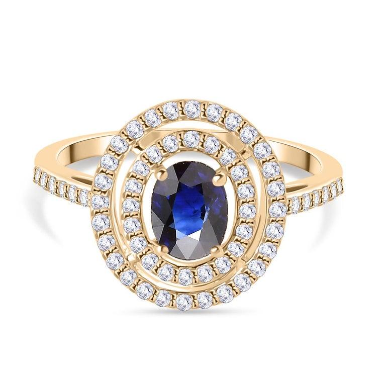 En venta: Anillo de compromiso con zafiro azul y diamantes en oro amarillo de 14k de diseño vintage para ella  7