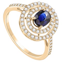 Anillo de compromiso con zafiro azul y diamantes en oro amarillo de 14k de diseño vintage para ella