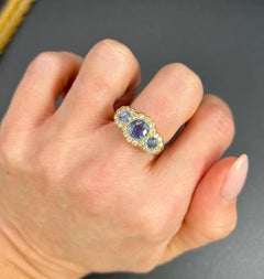 Vintage Design 18ct Gold, Cornflour Blue Sapphire & Diamond Triple Daisy Ring
