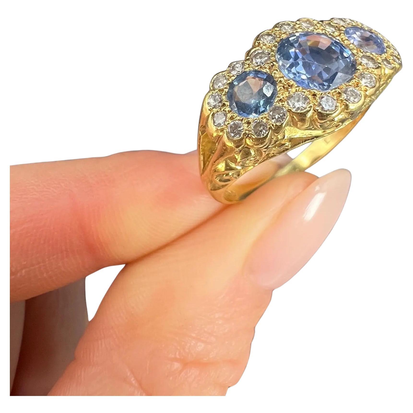 Vintage Design 18ct Gold, Cornflour Blue Sapphire & Diamond Triple Daisy Ring
