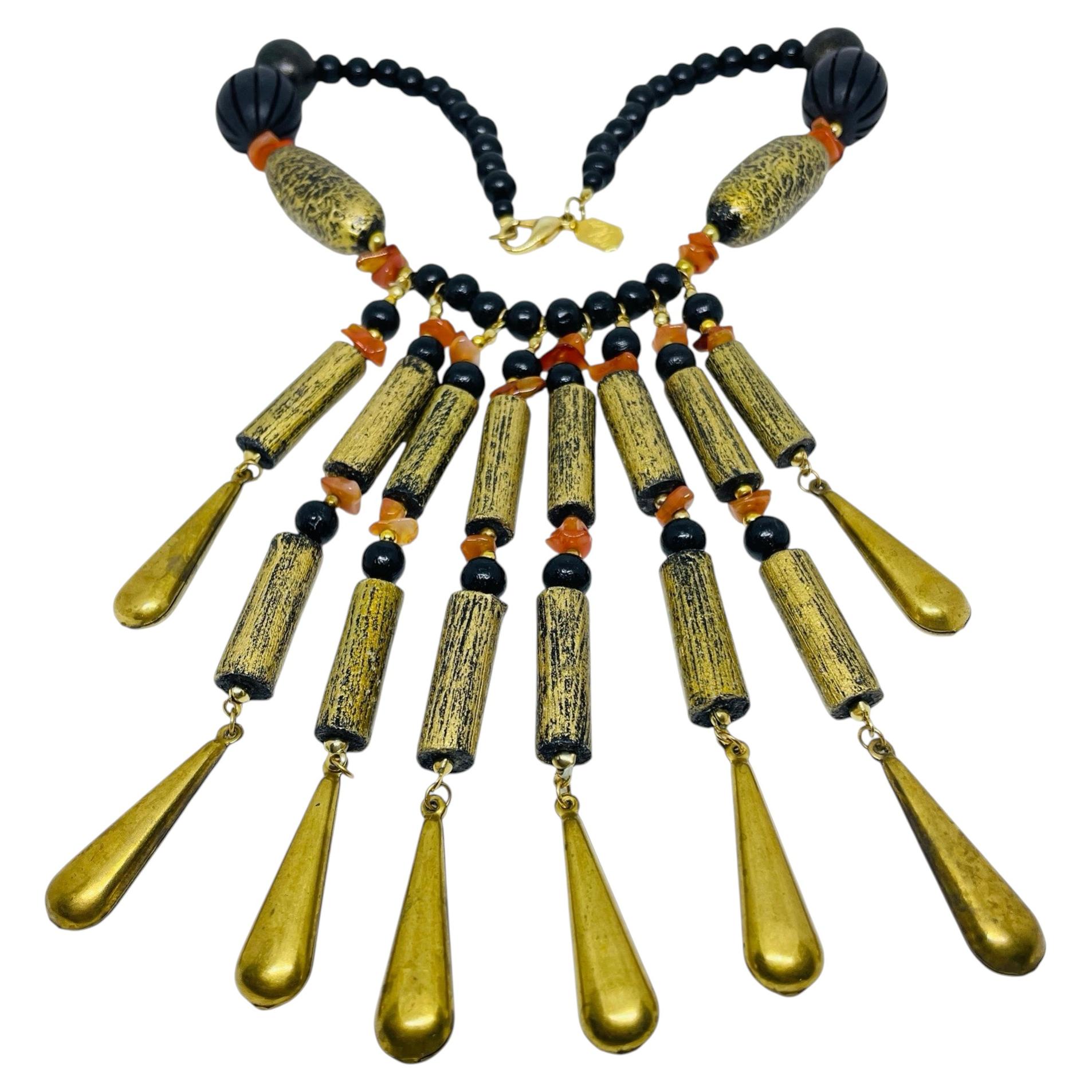 Vintage Design/One Collier de créateur en laiton doré avec pierres précieuses
