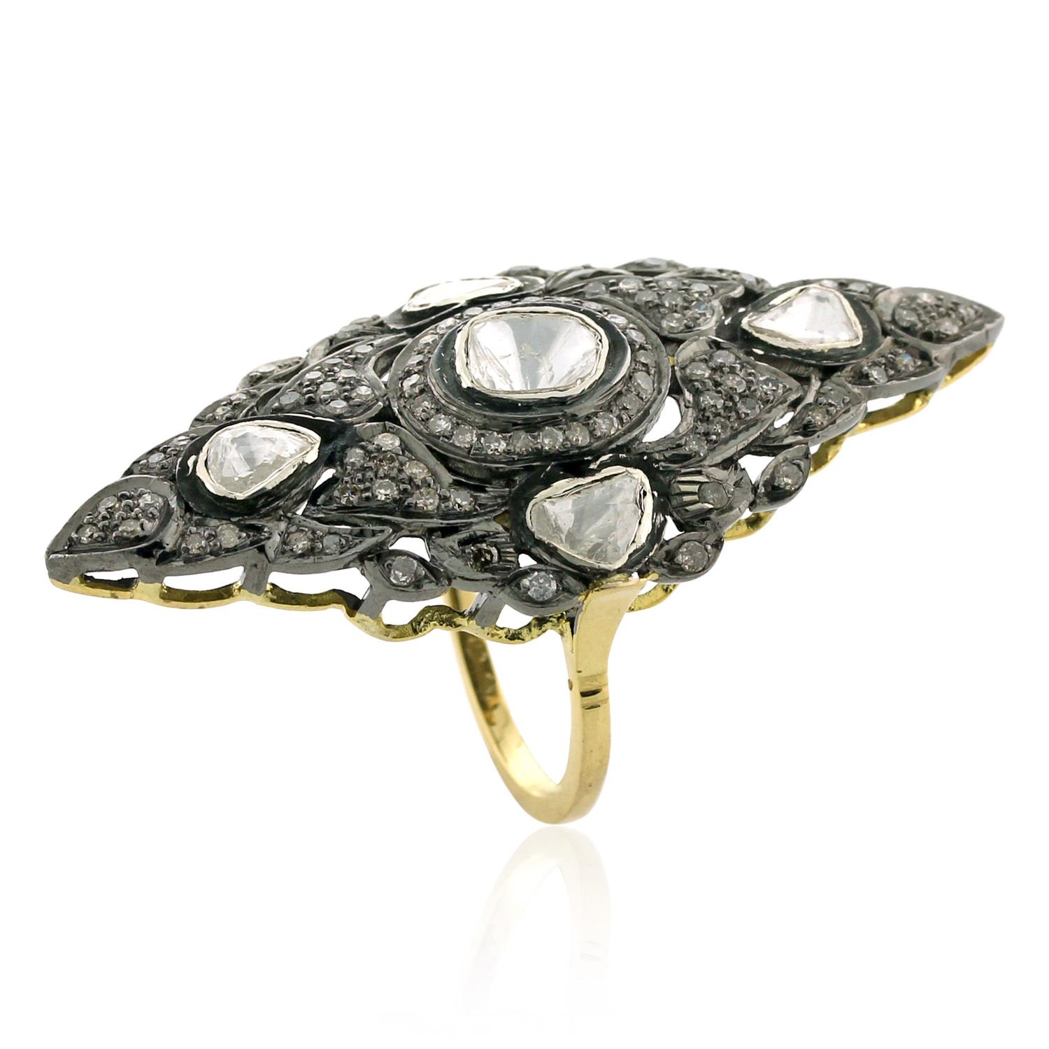 Art Deco Vintage Design Long Ring with Rose Cut Diamonds & Pave Diamonds For Sale