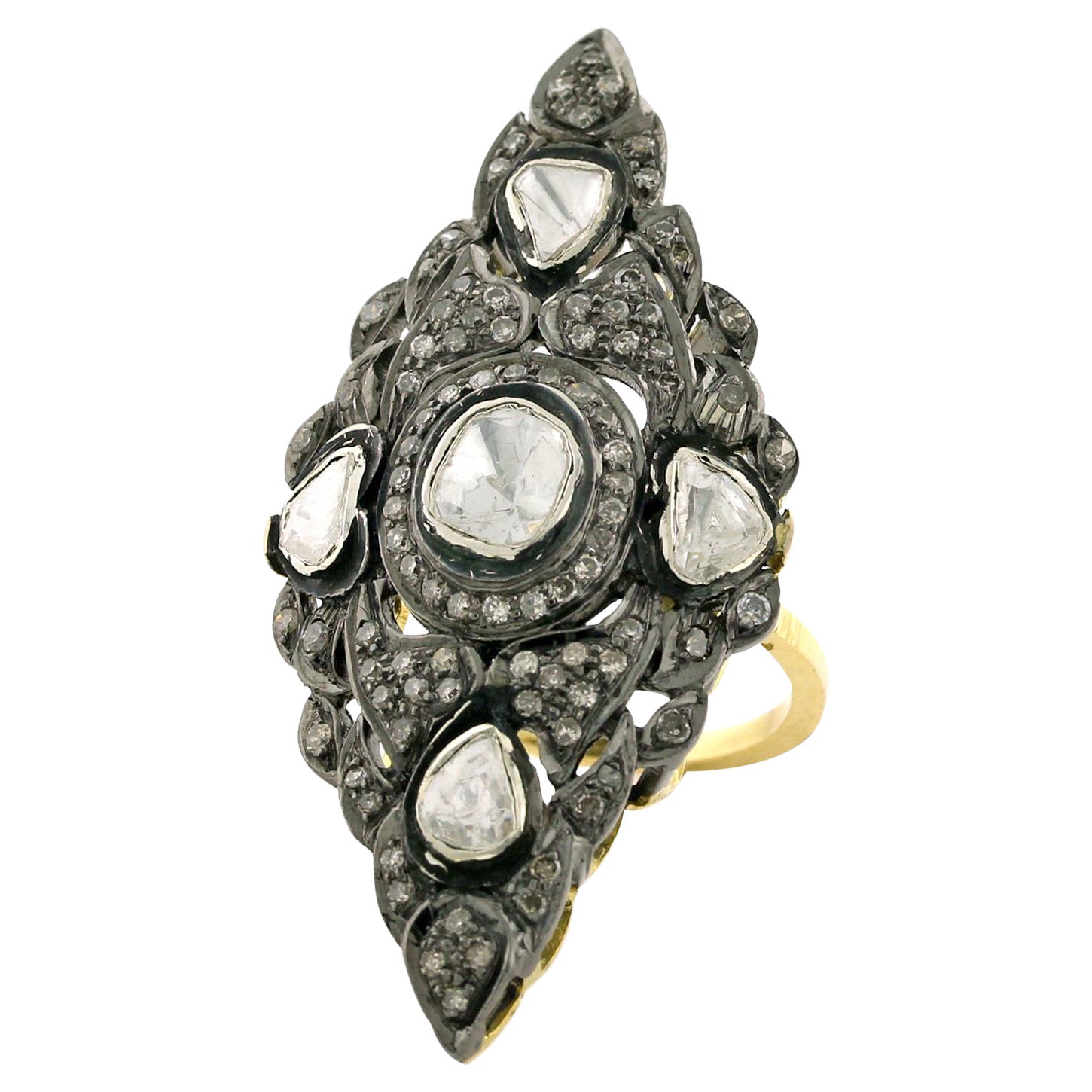 Langer Vintage-Ring im Vintage-Design mit Diamanten im Rosenschliff und Pavé-Diamanten