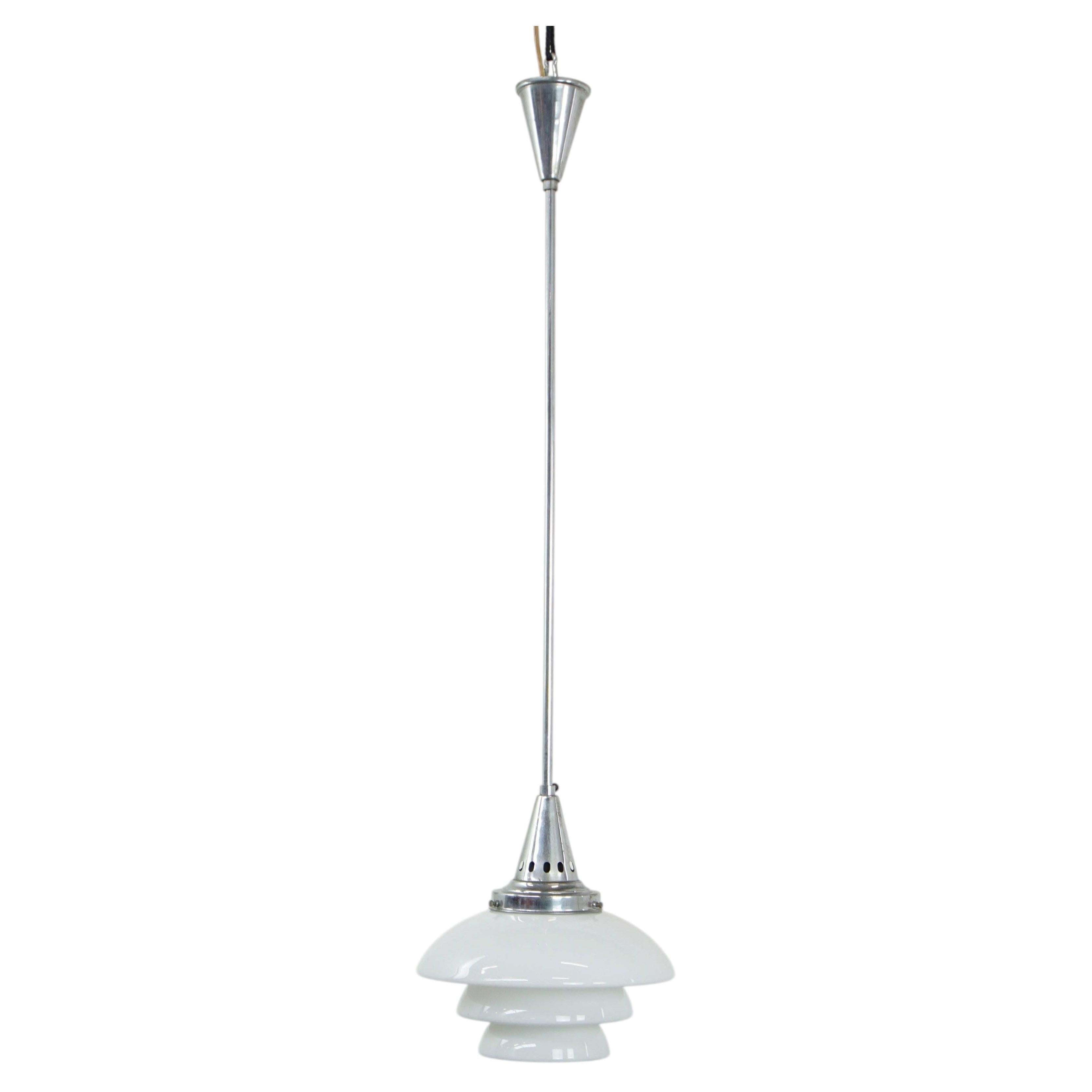 Vintage design pendant lamp with layered milk glass and chrome