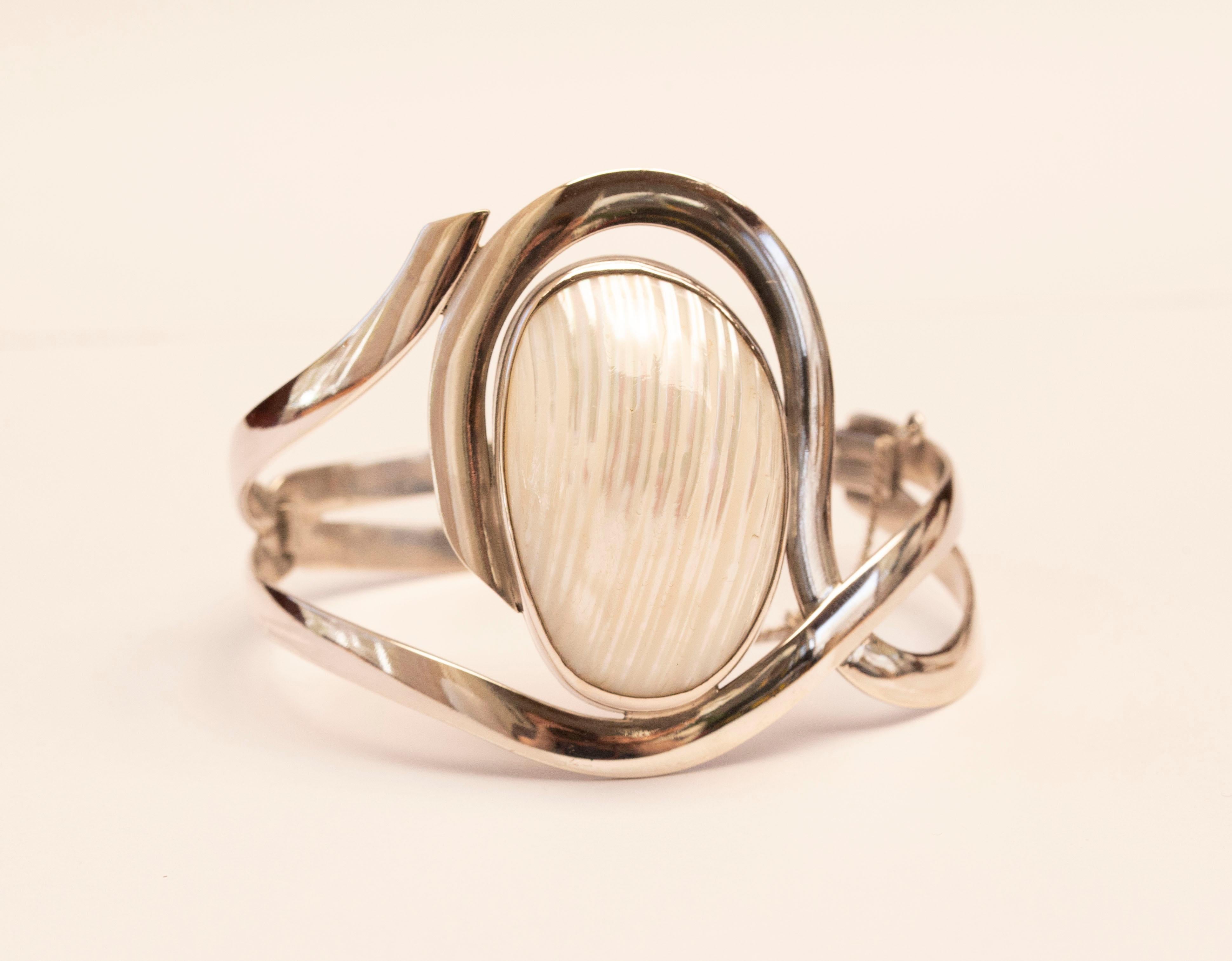 Bracelet jonc vintage en argent sterling poli 925 avec coquillage en vente 2