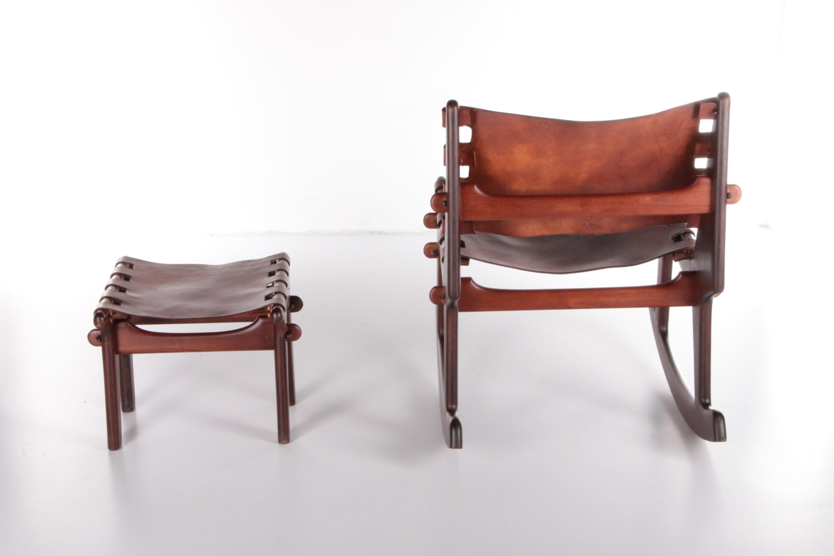 Leather Vintage Design Rocking Chair Design by Angel Pazmino, 1960 For Sale